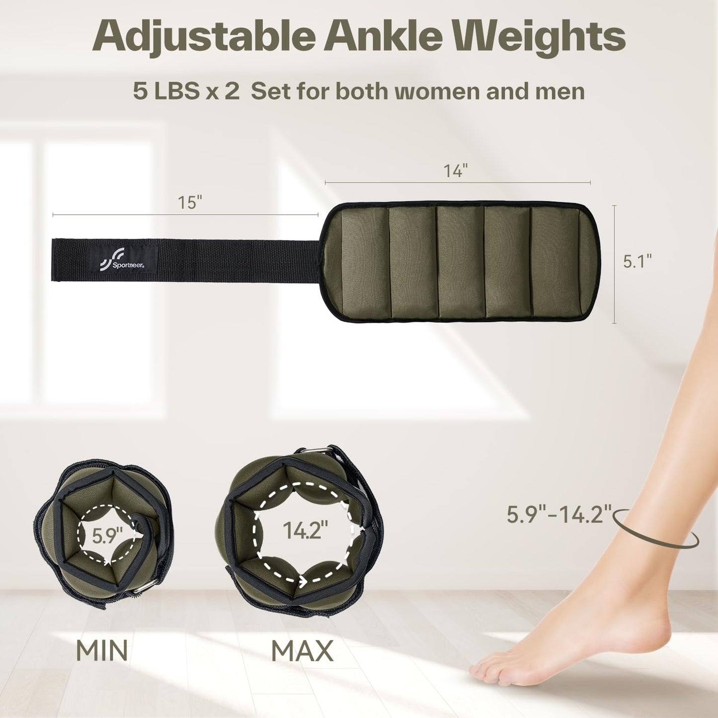 Sportneer Adjustable Ankle Weights for Women and Men:1 Pair 1 2 3 4 6 7 8 10 lbs Upgraded Easily Adjustable Leg Weight, Weighted Wrist Weight Strap for Gym, Fitness, Workout, Walking, Dancing (Army Green, 5 lbs x 2)