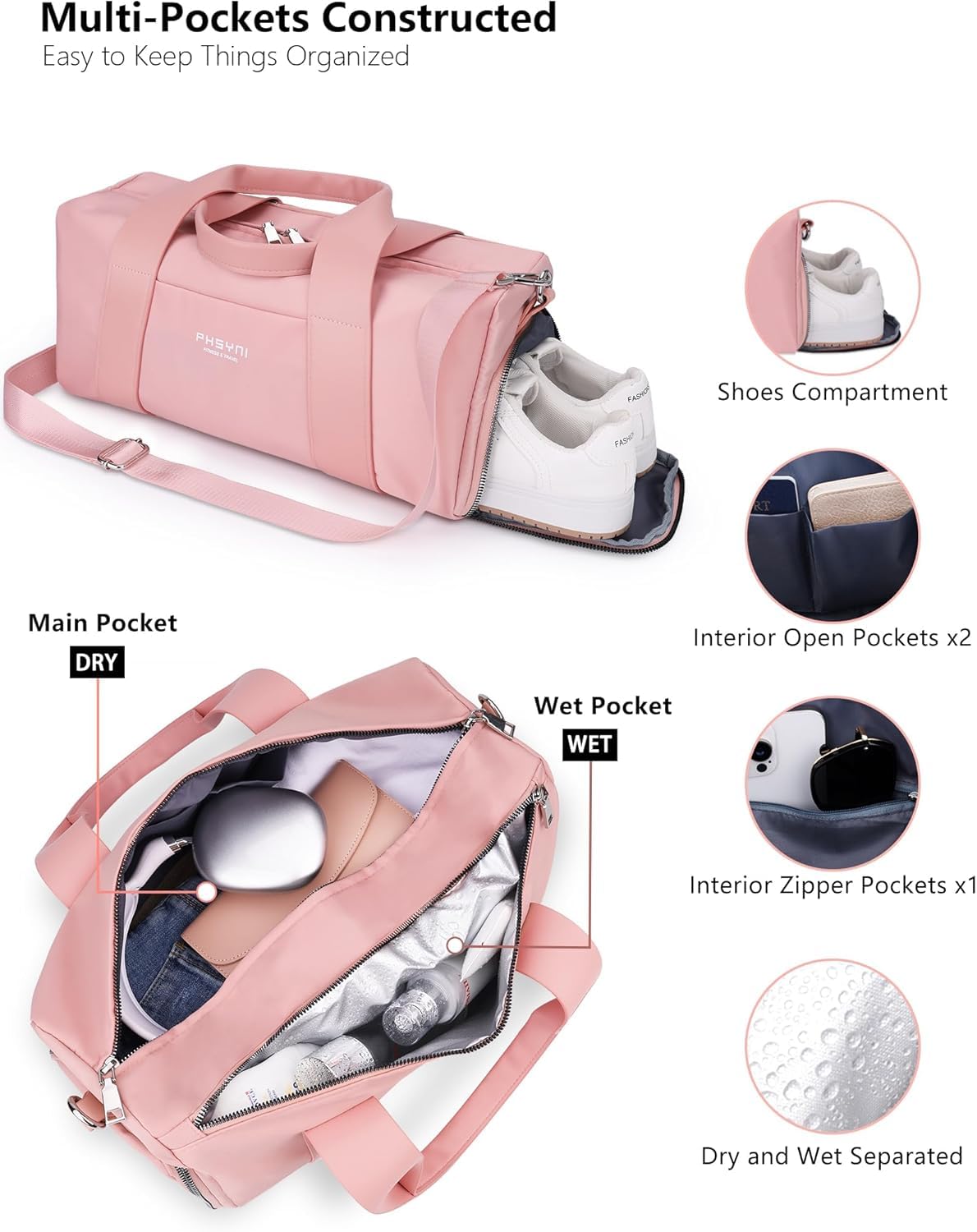 PHSYNI Compact Sports Gym Bag for Women Girls, Cute Mini Duffle Bag with Wet Pocket & Shoes Compartment, Personal Item Travel Workout Bag, 16"-Small, Pink