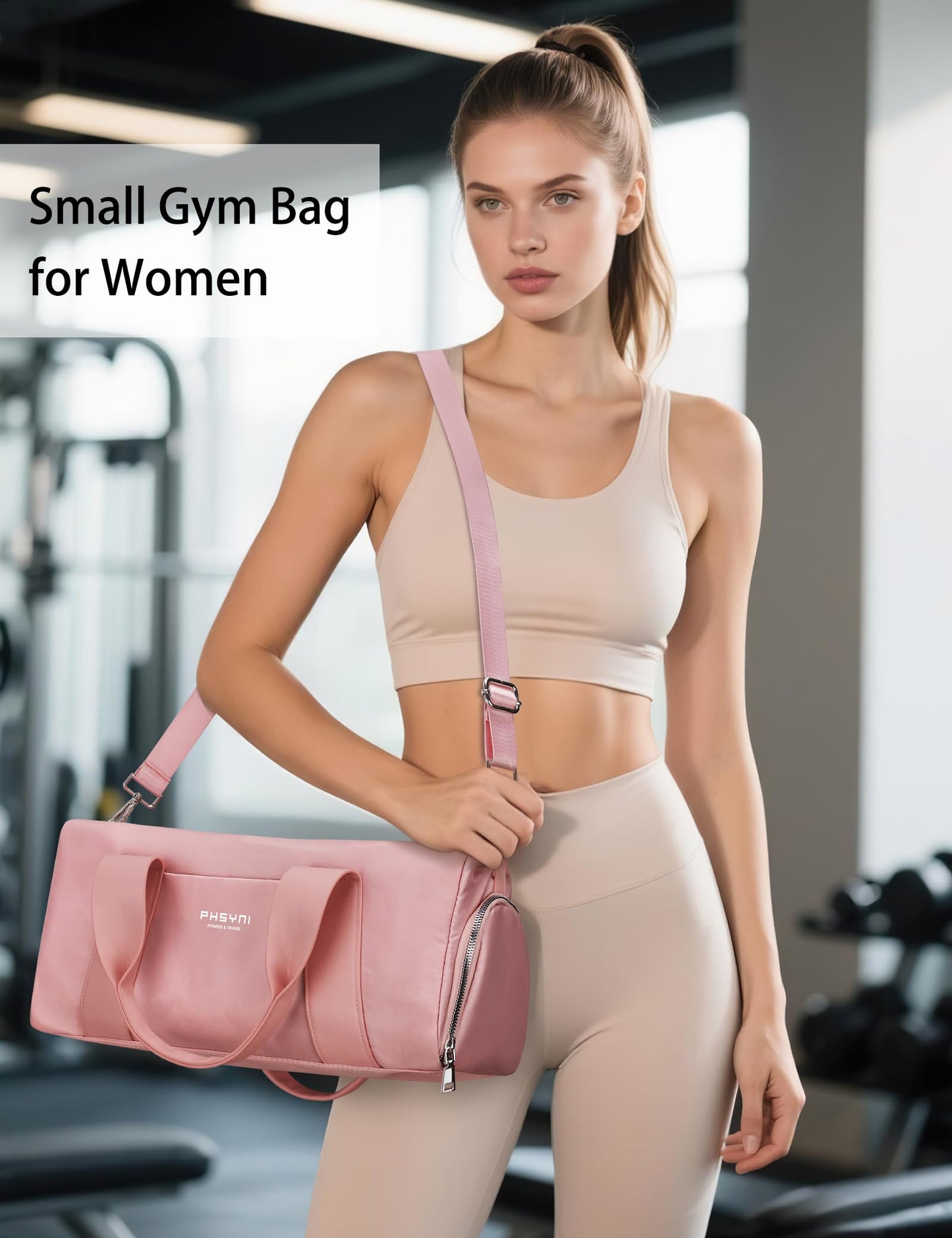 PHSYNI Compact Sports Gym Bag for Women Girls, Cute Mini Duffle Bag with Wet Pocket & Shoes Compartment, Personal Item Travel Workout Bag, 16"-Small, Pink