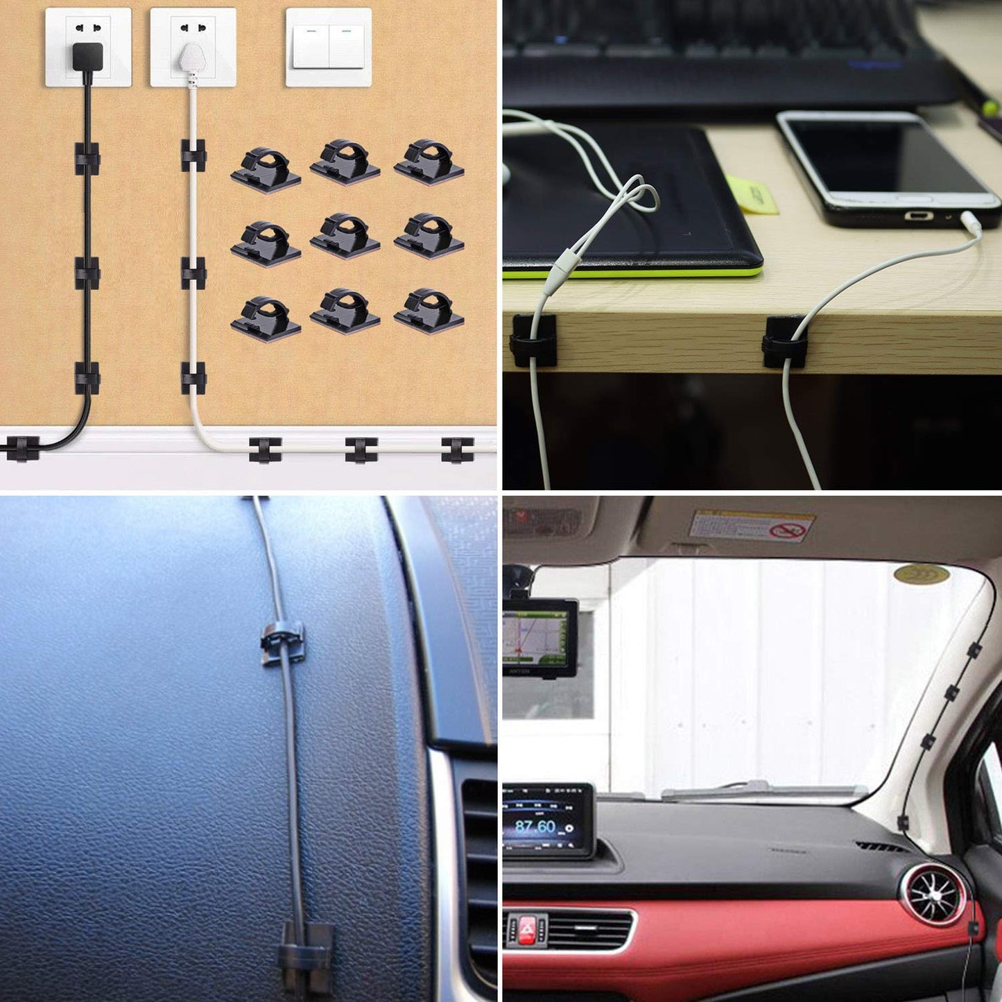 SAISN Adhesive Clips Strong Wire Holders 100 Pack Self-Adhesive Wire Clip Cable Cord Desk Management for Office Home and Car