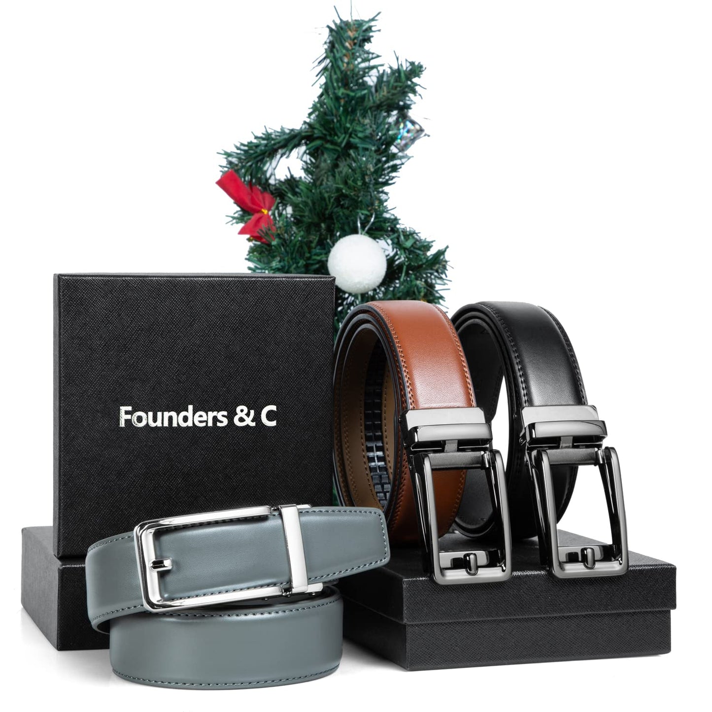 Founders & C Men's Leather Ratchet Comfort Click Belt Dress with Slide Buckle -Adjustable Trim to Fit (28"-42" Waist Adjustable, Bright Gun Buckle W Classic Black Leather)
