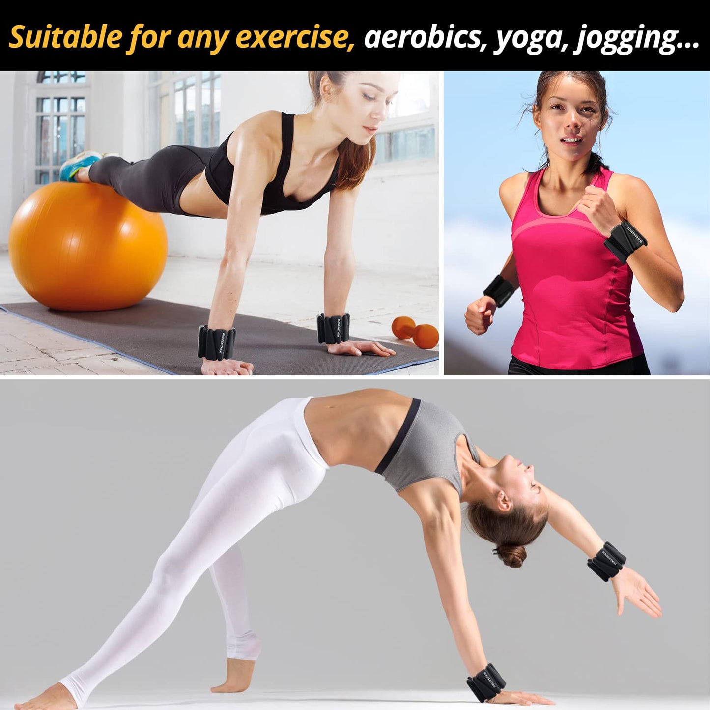 Wrist & Ankle Weights, Adjustable Bands for Women and Men Workouts, Set of 2, 1lb each, Perfect for Running, Jogging, Walking, Yoga, Dance, Pilates, Cardio, Aerobics, Strength Training (2lb, Black)