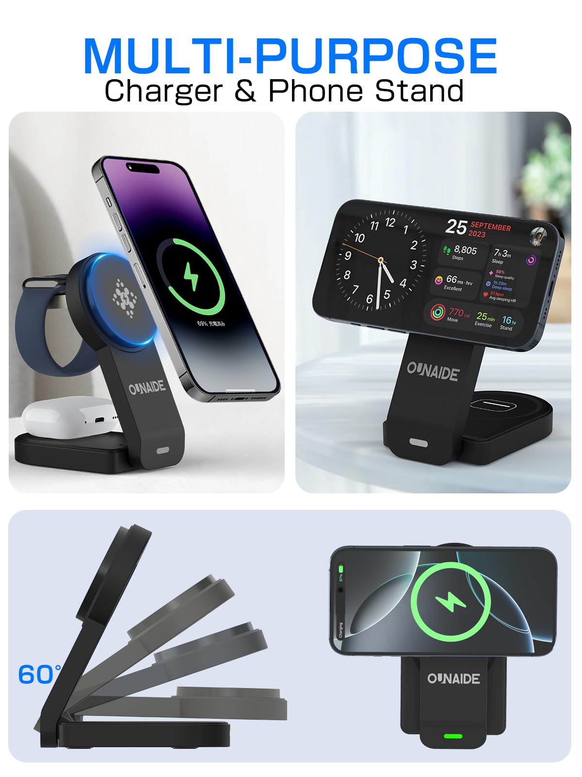 2025 Magnetic 3 in 1 Wireless Charger, Mag-Safe Charger Stand Wireless Charging Station for Apple iPhone 16/15/14/13/12 Series, for Apple Watch and Airpods, 18W Foldable Fast Charging Dock - Black