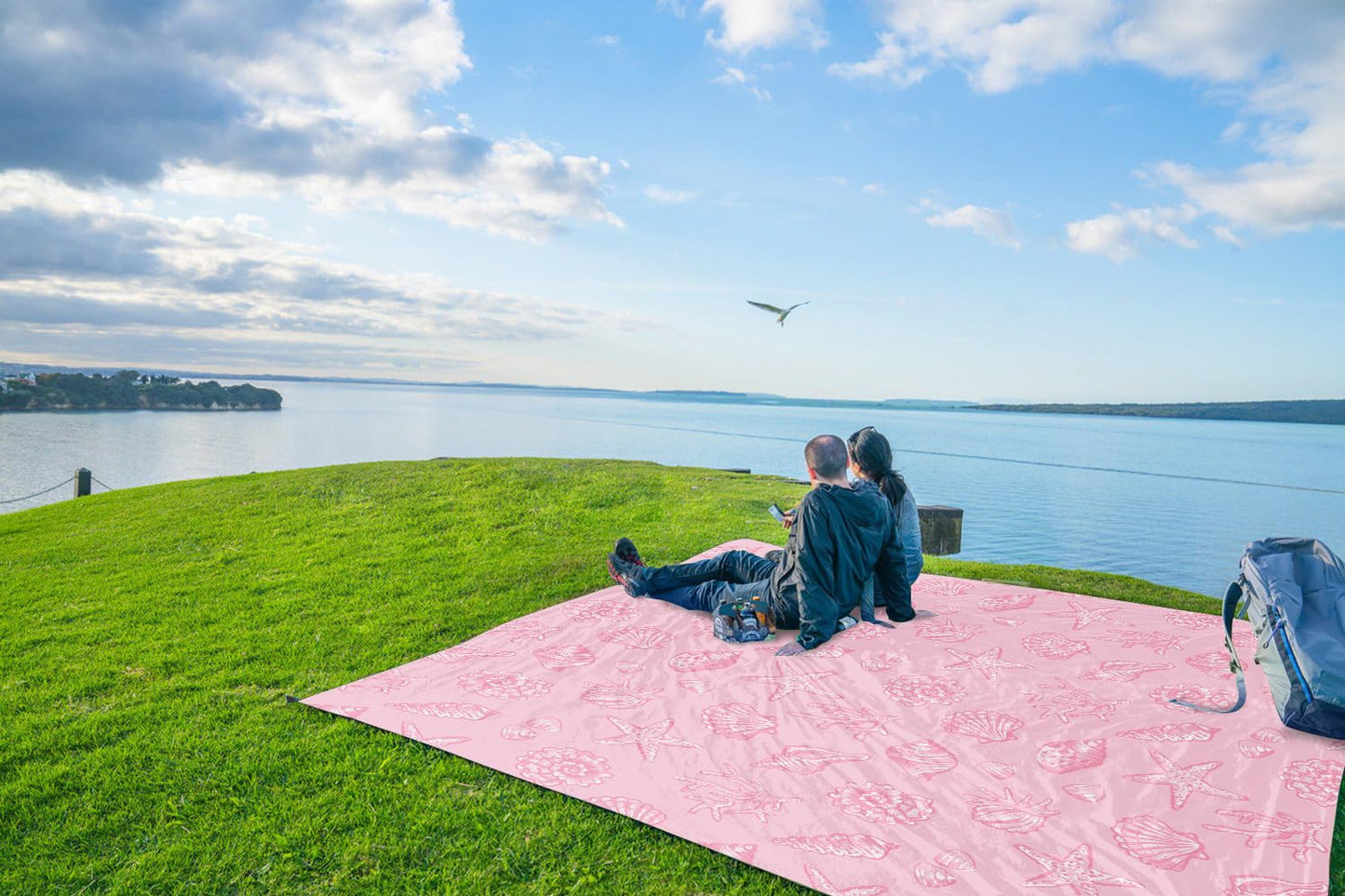 WEKAPO Beach Blanket Waterproof Sandproof Oversized, Extra Large Beach Mat Sand Free, Lightweight & Compact Sand Free Mat with 6 Stakes & 4 Corner Pockets (Pink Sea Shells, 11 x 9 FT (1~9 Person))