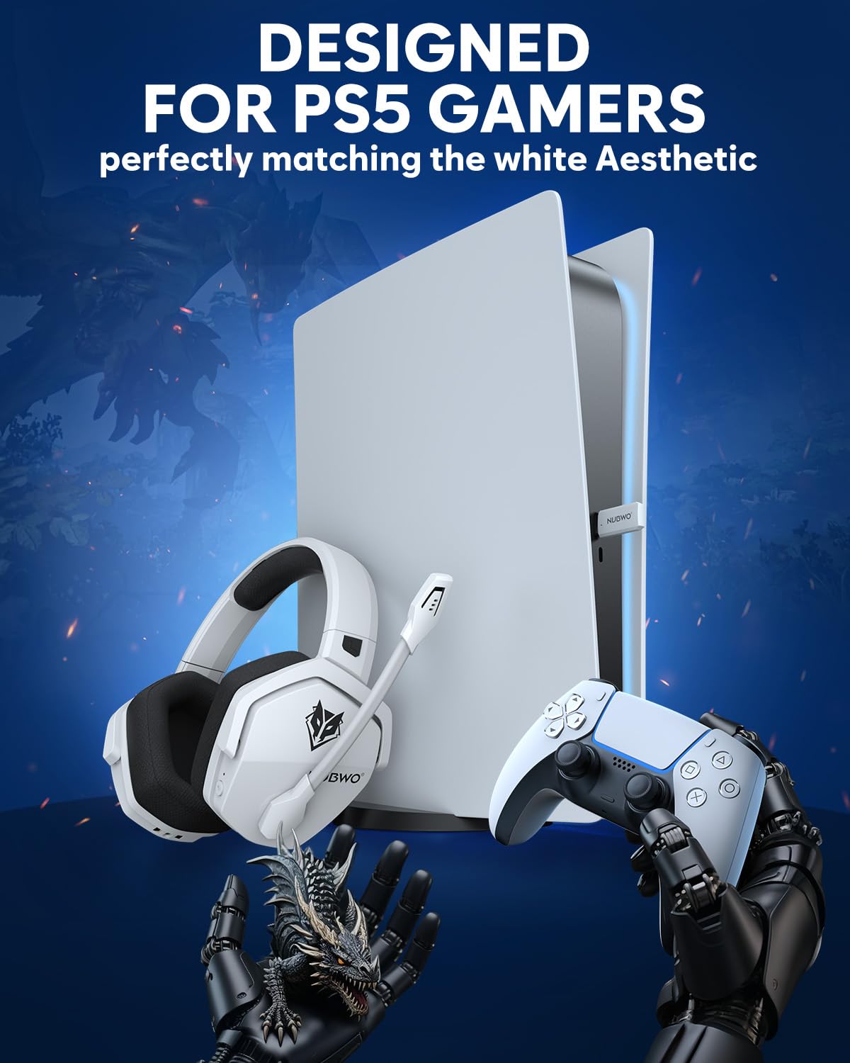 NUBWO G06 Dual Wireless Gaming Headset with Microphone for PS5, PS4, PC - 23ms Low Latency Audio - 100-Hour of Playtime - 50mm Drivers (White-Black)