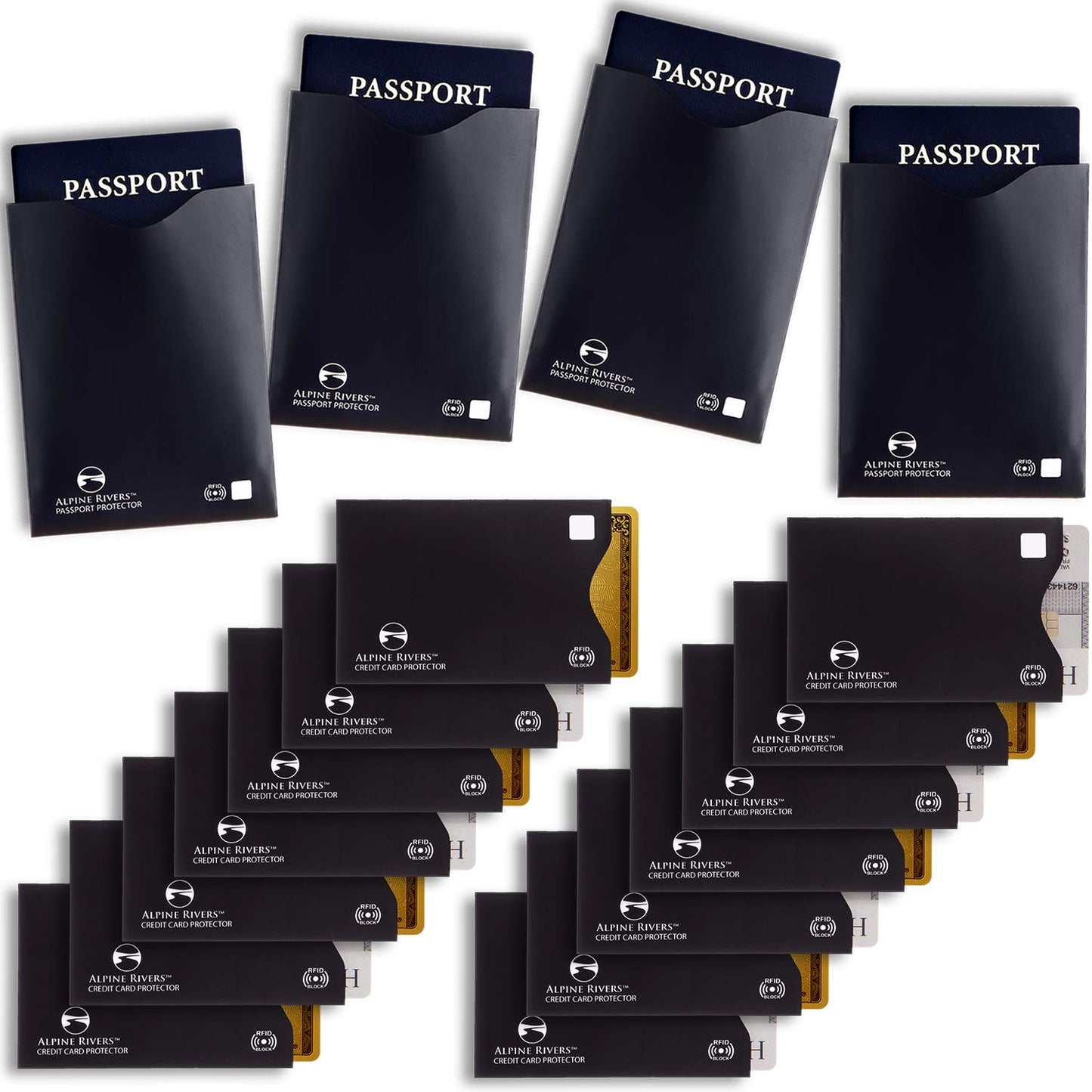 18 RFID Blocking Sleeves Set: 14 Credit Card Holders and 4 Passport Protectors - Premium Identity Theft Protection for Men & Women. Slim Design Fits Wallets & Purses