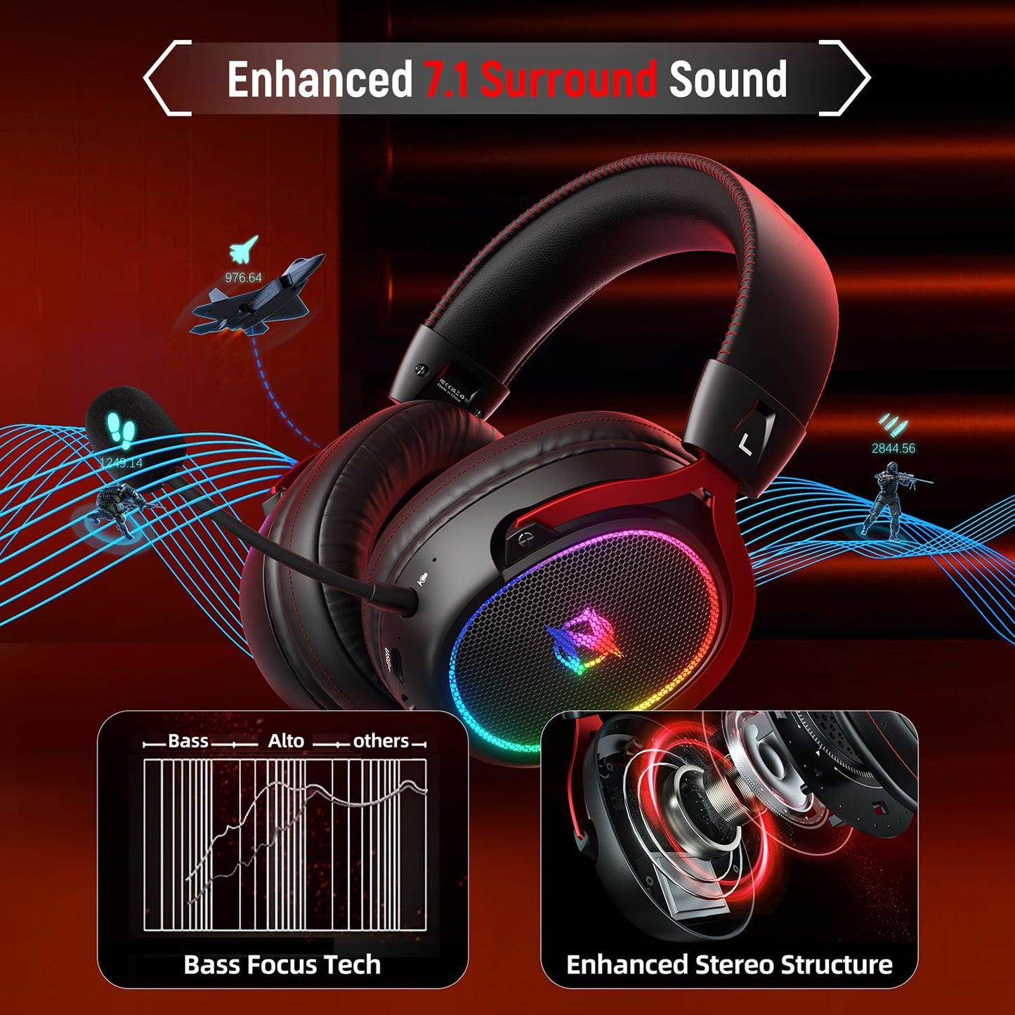 Ozeino Wireless Gaming Headset for Ps5 Ps4 PC Laptop Switch -2.4GHz Wireless Headphones with Detachable Noise Canceling Microphone 40H Playtime, Black