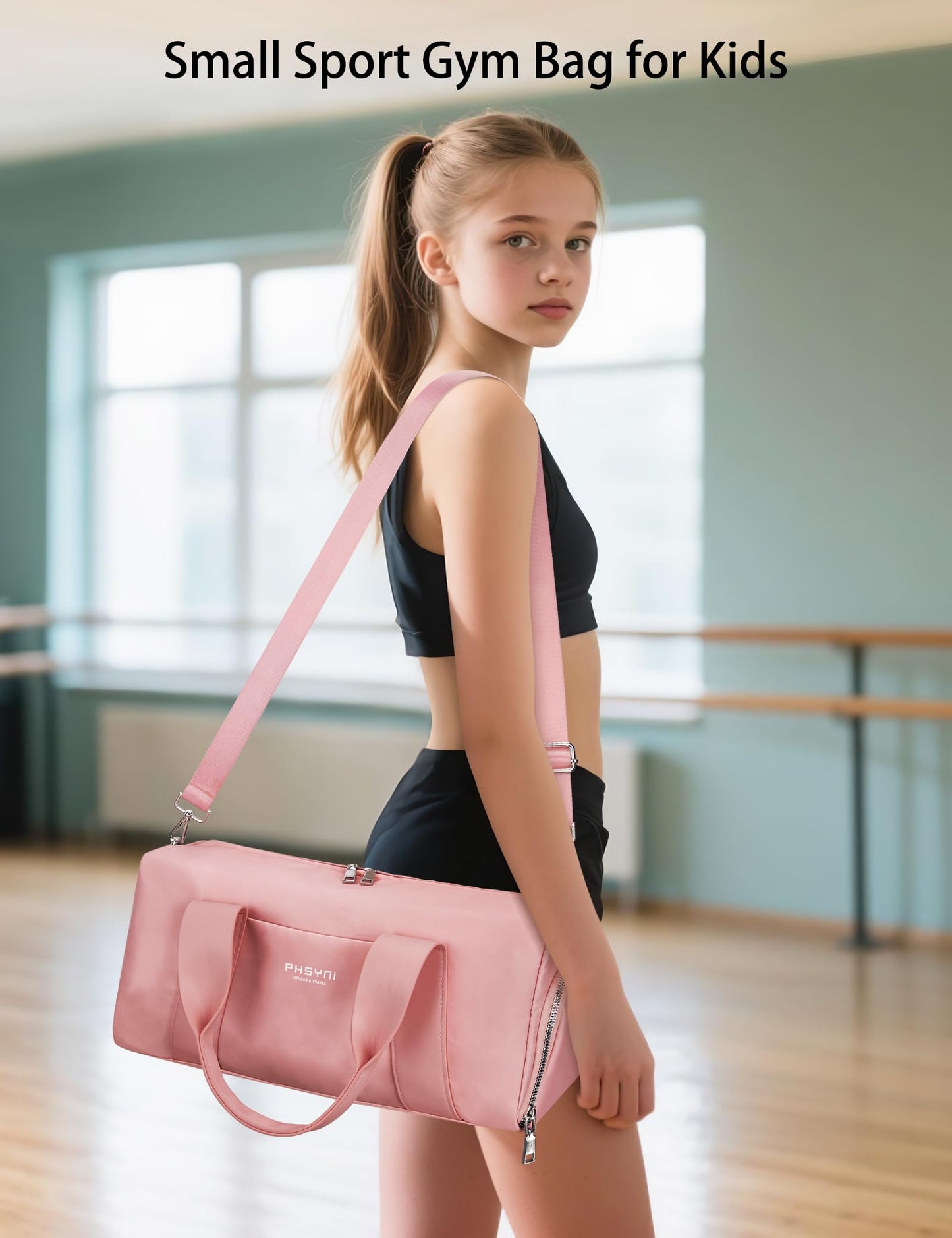 PHSYNI Compact Sports Gym Bag for Women Girls, Cute Mini Duffle Bag with Wet Pocket & Shoes Compartment, Personal Item Travel Workout Bag, 16"-Small, Pink