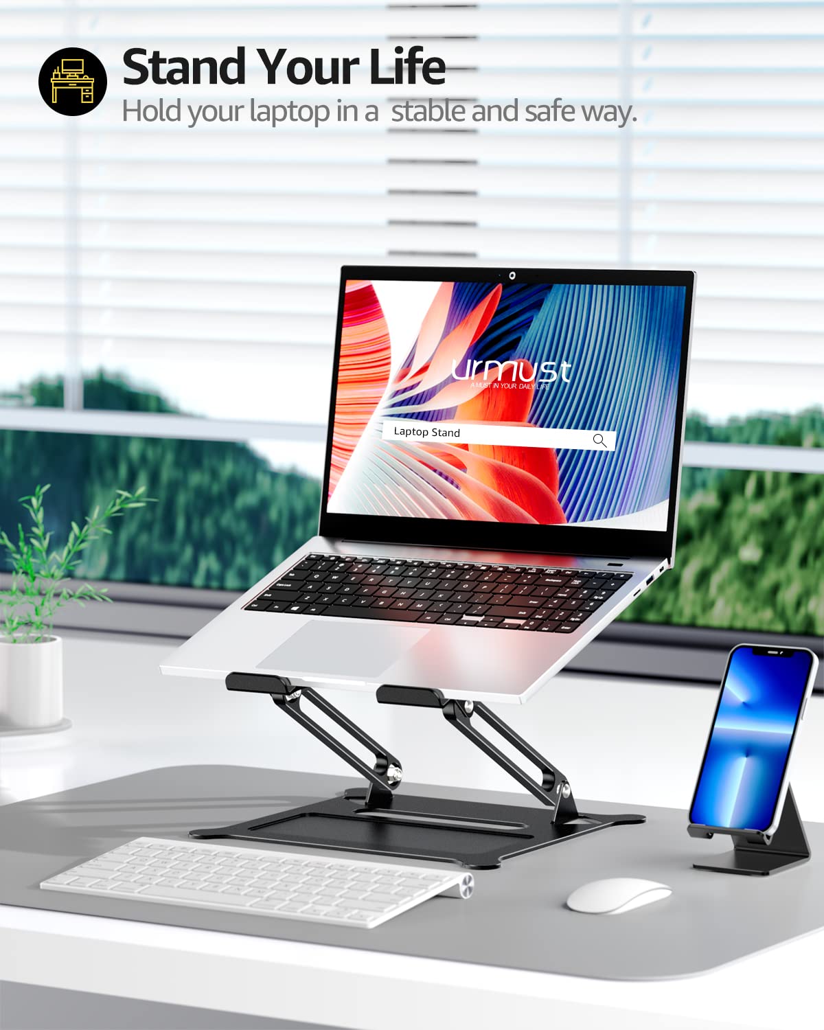 Urmust Laptop Notebook Stand Holder Adjustable Laptop Stand Portable Computer Riser Compatible with MacBook Air Pro HP Dell XPS Lenovo All Laptops 10-15.6"(Black)