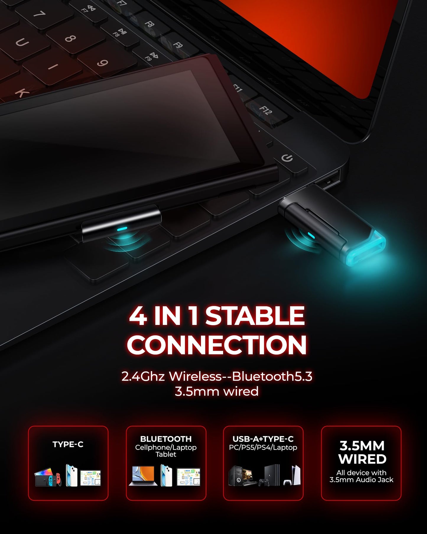 Wireless Gaming Headset, 7.1 Surround Sound, 2.4Ghz USB Gaming Headphones Bluetooth 5.4,100-Hr Noise Canceling Mic RGB Light, Wireless Headset for PC PS5 PS4 Mac Switch,ONLY Wired Mode Suit for Xbox