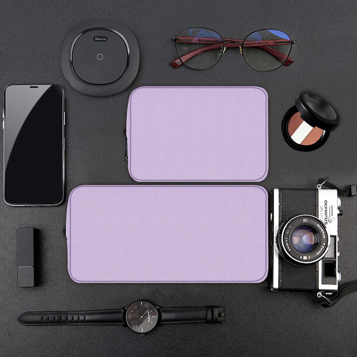 Universal Electronics Accessories Bag Pouch, 2-Pack Portable Soft Carrying Case Bag Wire Cable Organizer for Hard Drive, Power Adapter, Laptop Mouse, Cosmetics Kit, Cell Phone, Small+Big-Purple