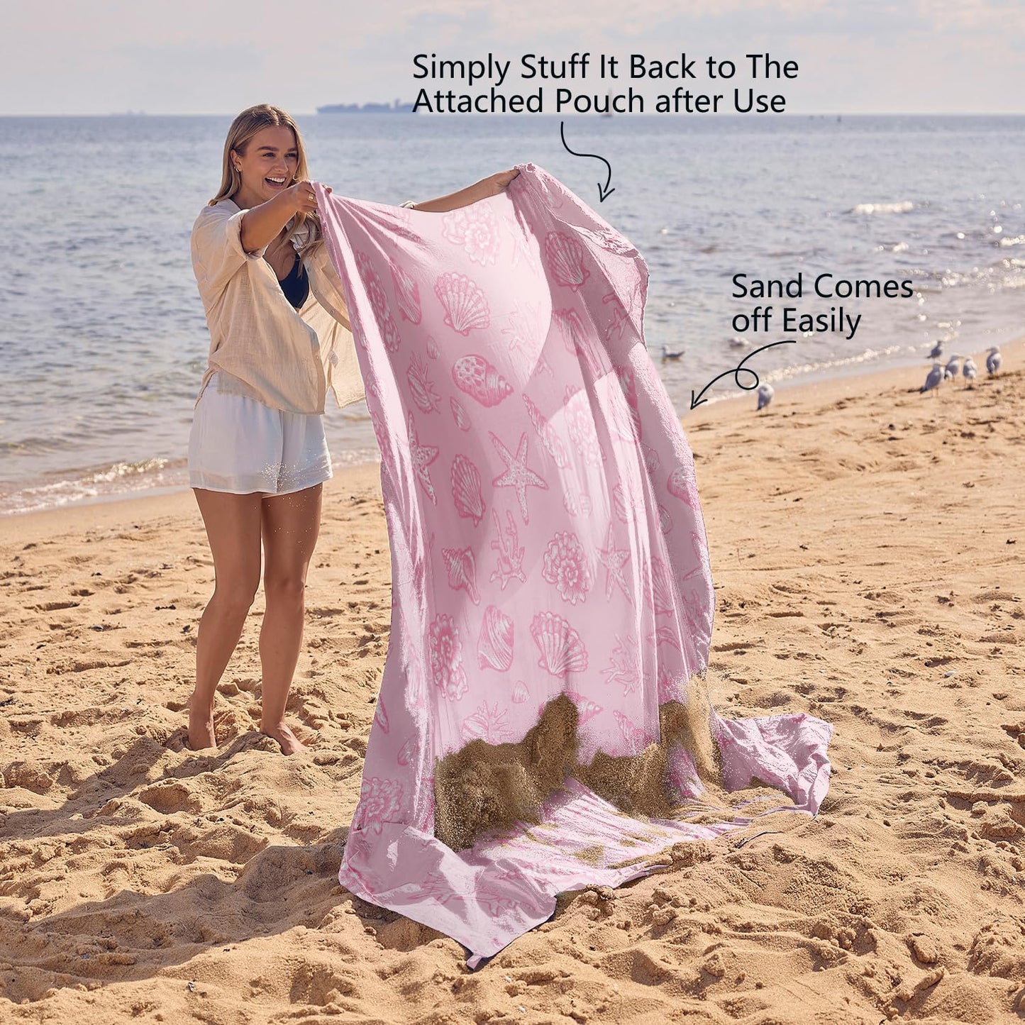 WEKAPO Beach Blanket Waterproof Sandproof Oversized, Extra Large Beach Mat Sand Free, Lightweight & Compact Sand Free Mat with 6 Stakes & 4 Corner Pockets (Pink Sea Shells, 11 x 9 FT (1~9 Person))