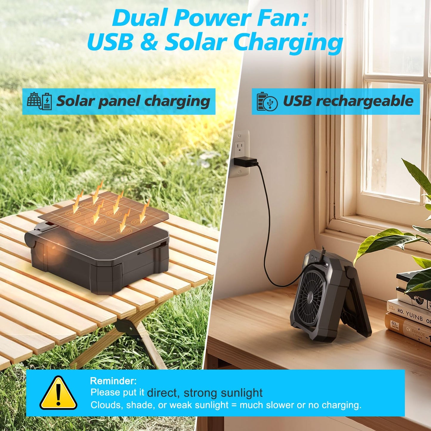 Camping Fan Solar Powered, Portable Solar Fan 10000mAh USB Rechargeable Battery Operated with Light, Quiet Outdoor Fans for Tent, RV, Emergency, Hiking, Power Outage, Desk, Greenhouse, Survival Kit
