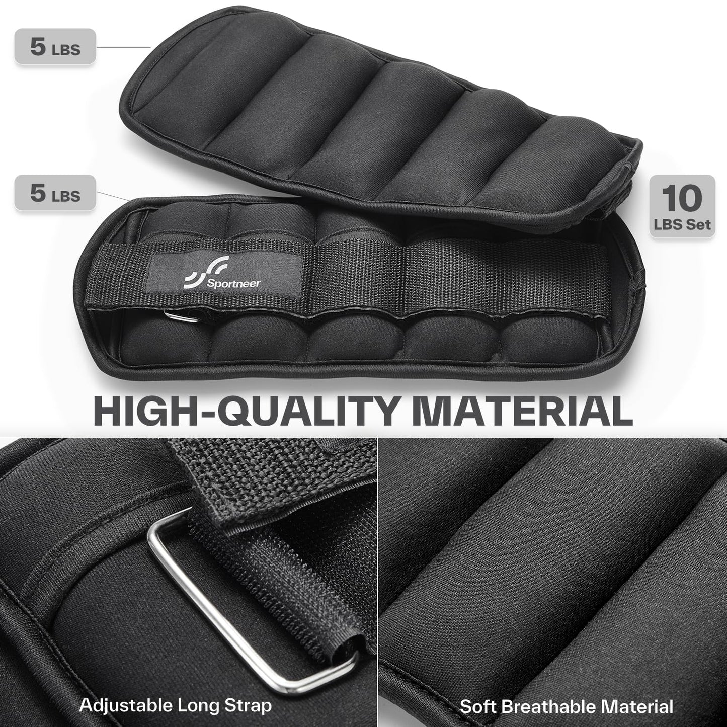 Sportneer Adjustable Weighted Ankle Weights Set 1 Pair 2 4 6 8 10 Lbs Leg Weight Straps for Women Men for Gym,Fitness, Workout,Walking, Jogging,1-5 lbs for Each Ankle, 1 Pair 2-10 lbs (Black)