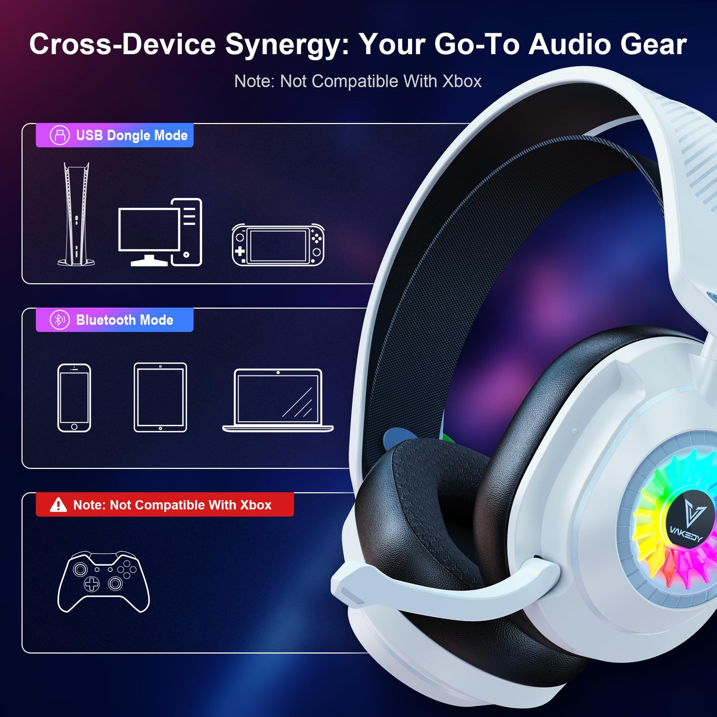 Vakedy HW10 Wireless Gaming Headset for PS5,PS4,PC,2.4GHz Bluetooth Gaming Headphones with Noise Cancelling Microphone,50Hr Battery Gamer Headset for Switch, Laptop,Mobile,Mac,Cool RGB (White)