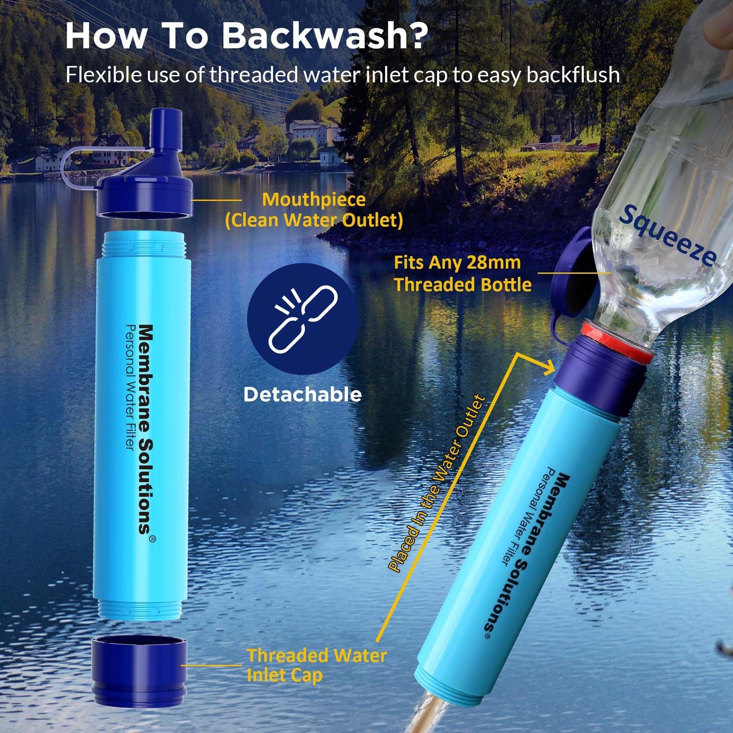 Membrane Solutions Straw Water Filter S1, NSF/ANSI 42&372&401 certificated, Survival Filtration Portable Gear, Emergency Preparedness, Supply for Drinking Hiking Camping Team Family Outing, 4 Pack