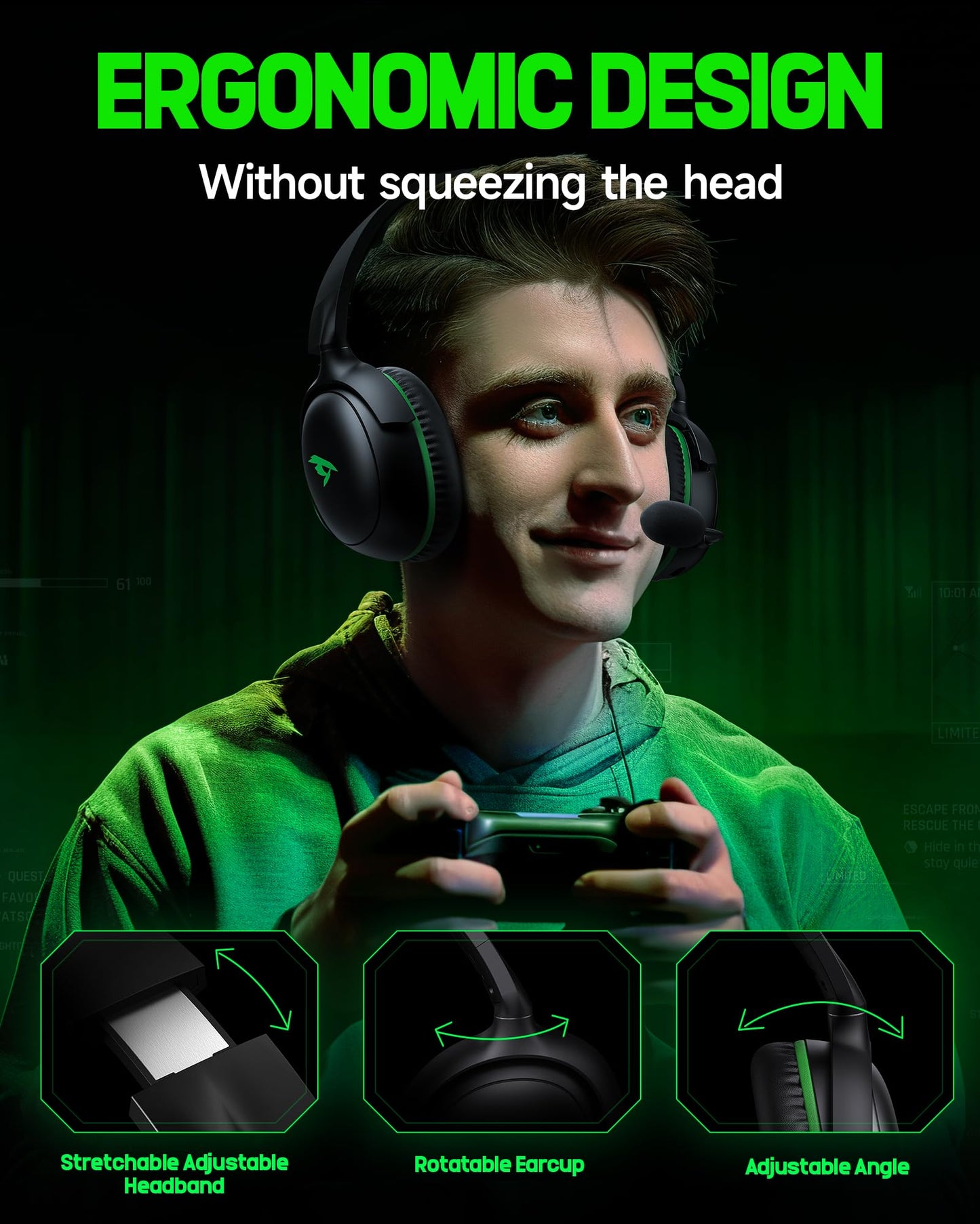 Wireless Gaming Headset for XBOX Series X|S|One, PC, PS5, PS4, Mac, Switch, Gaming Headphones with 2.4GHz, Bluetooth 5.4, 53MM 3D Stereo Sound, 60H Battery, Detachable Noise Canceling Mic, 3.5mm Wired