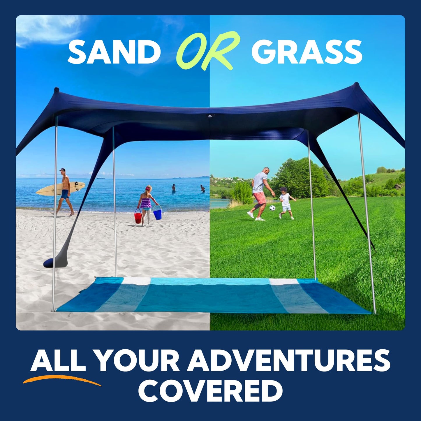 SUN NINJA Beach Tent Shelter with UPF50+ Protection, Includes Sand Shovel, Ground Pegs, Stability Poles, Outdoor Pop Up Shade Canopy for Camping, Fishing, Backyard Fun (Navy, 5x5 FT 4 Pole)