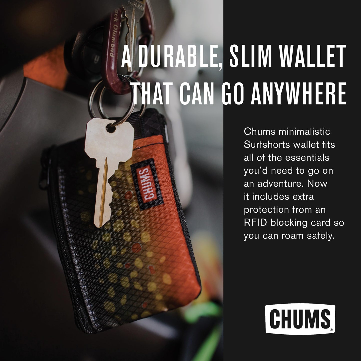 Chums Surfshorts Wallet - Lightweight Slim Wallet with RFID Blocking Card & Clear ID Window - Zippered, Minimalist Wallet w/Key Ring (Brown Trout)