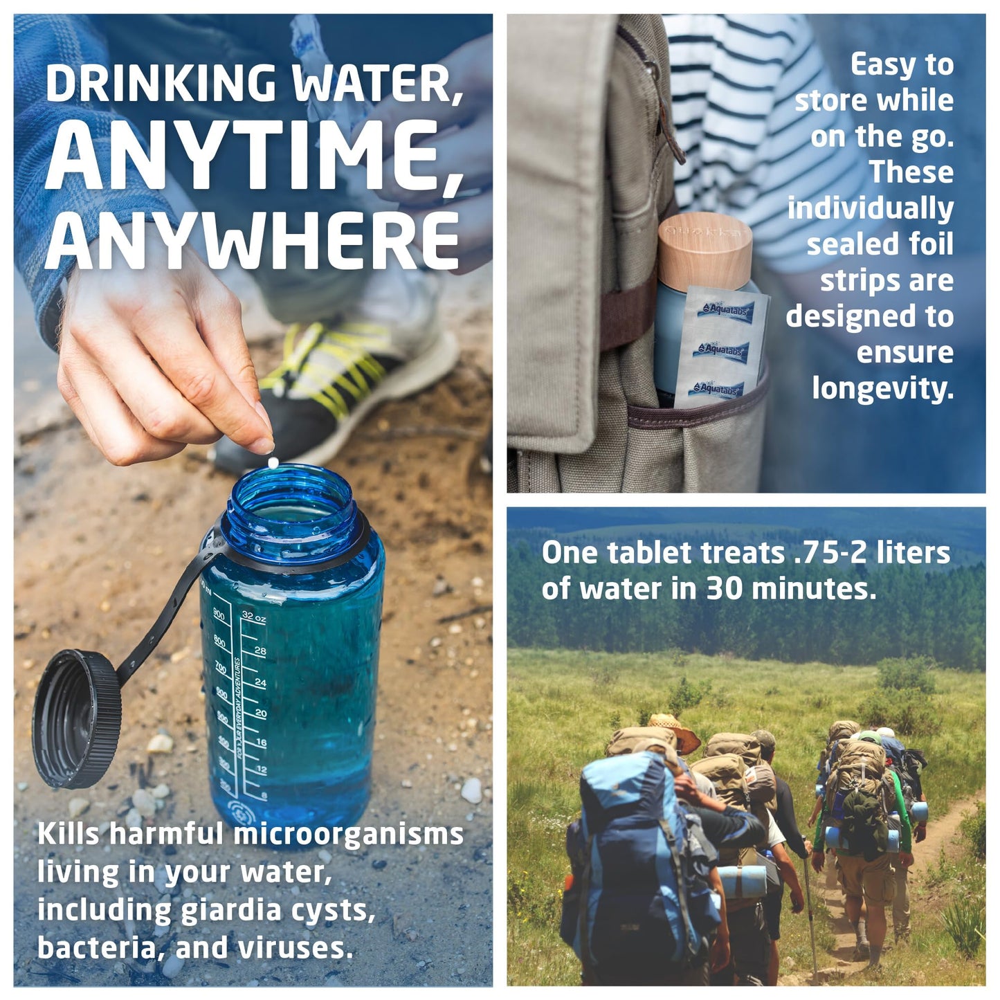 Aquatabs 49mg Water Purification Tablets (50 Pack). Water Filtration System for Hiking, Backpacking, Camping, Emergencies, Survival, and Home-Use. Easy to Use Water Treatment and Disinfection.