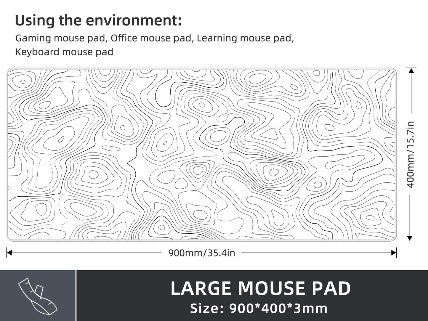 Rinaze Extra Large Gaming Mouse Pad with White Topographic, XXL Mousepad, Big Mouse Mat Desk Pad, Non Slip Keyboard Pad for Gaming Computer Laptop PC Office Desk Accessories