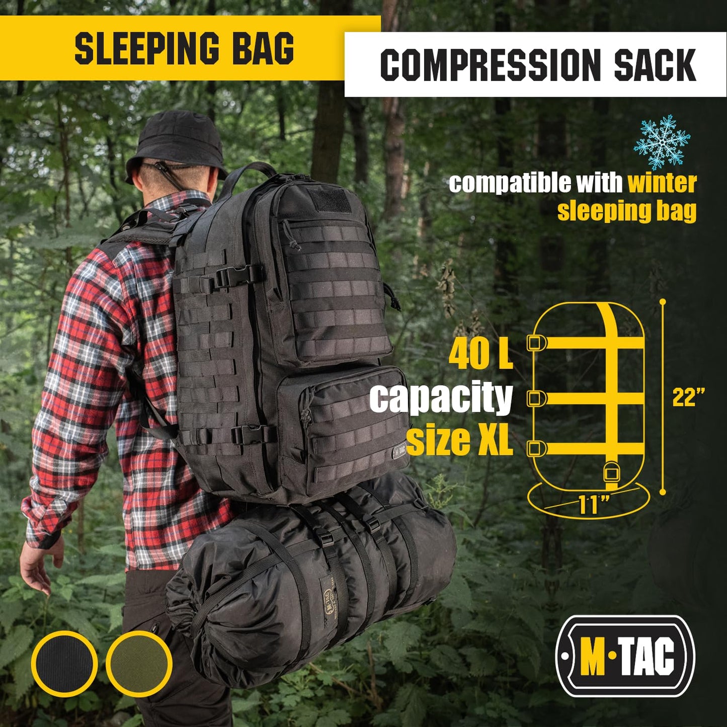 M-Tac Compression Stuff Sack for Sleeping Bag Military Water Resistant Compression Bag Lightweight Nylon Compression Sack for Travel, Camping, Hiking, Outdoor (Black, L - 24 liters)