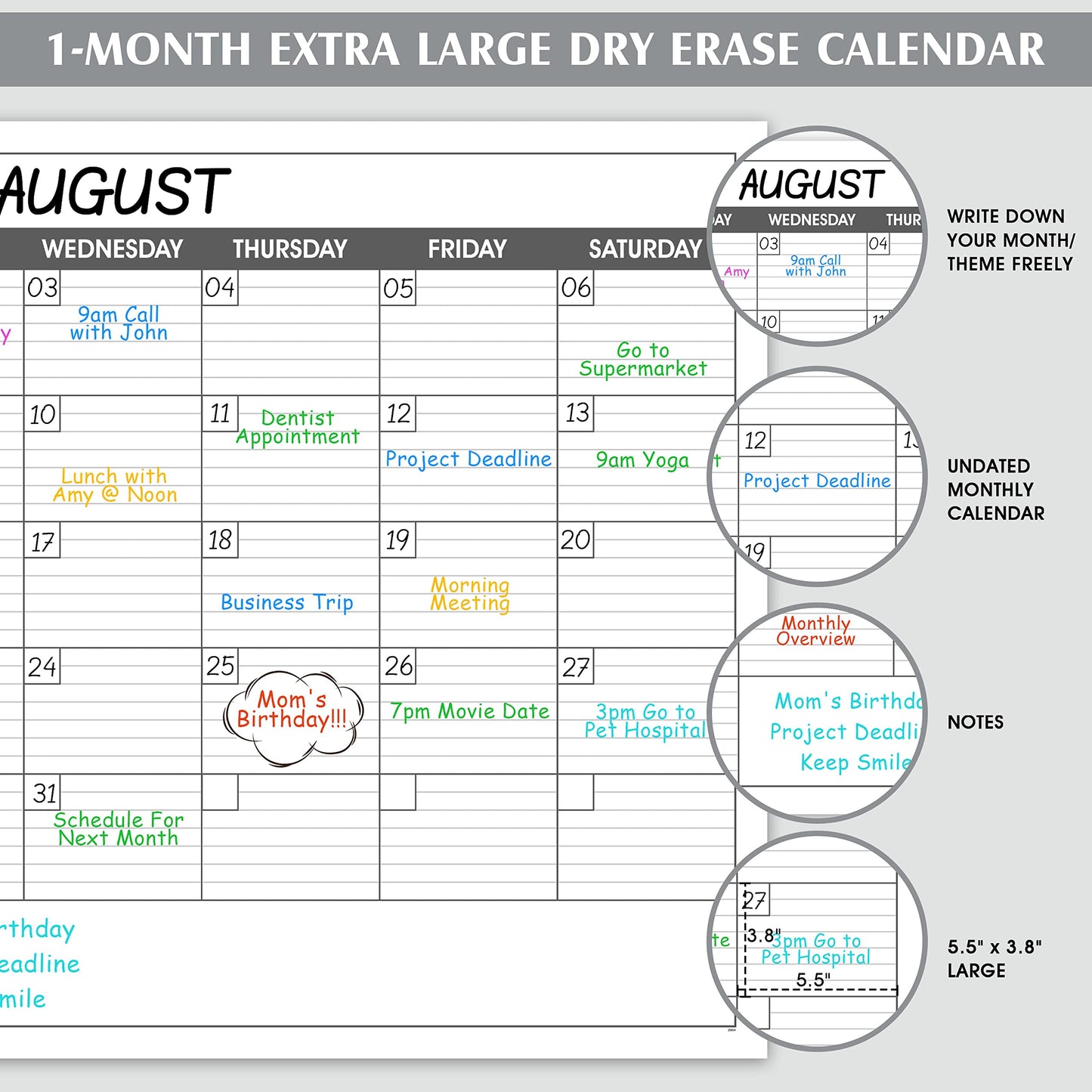 Large Dry Erase Calendar for Wall - Undated 1 Month Big Wall Calendar, 40" x 30", Erasable & Reusable Laminated Calendar Max with 8 Round Stickers, Great Layout Wall Calendar Dry Erase for Home, Office and School