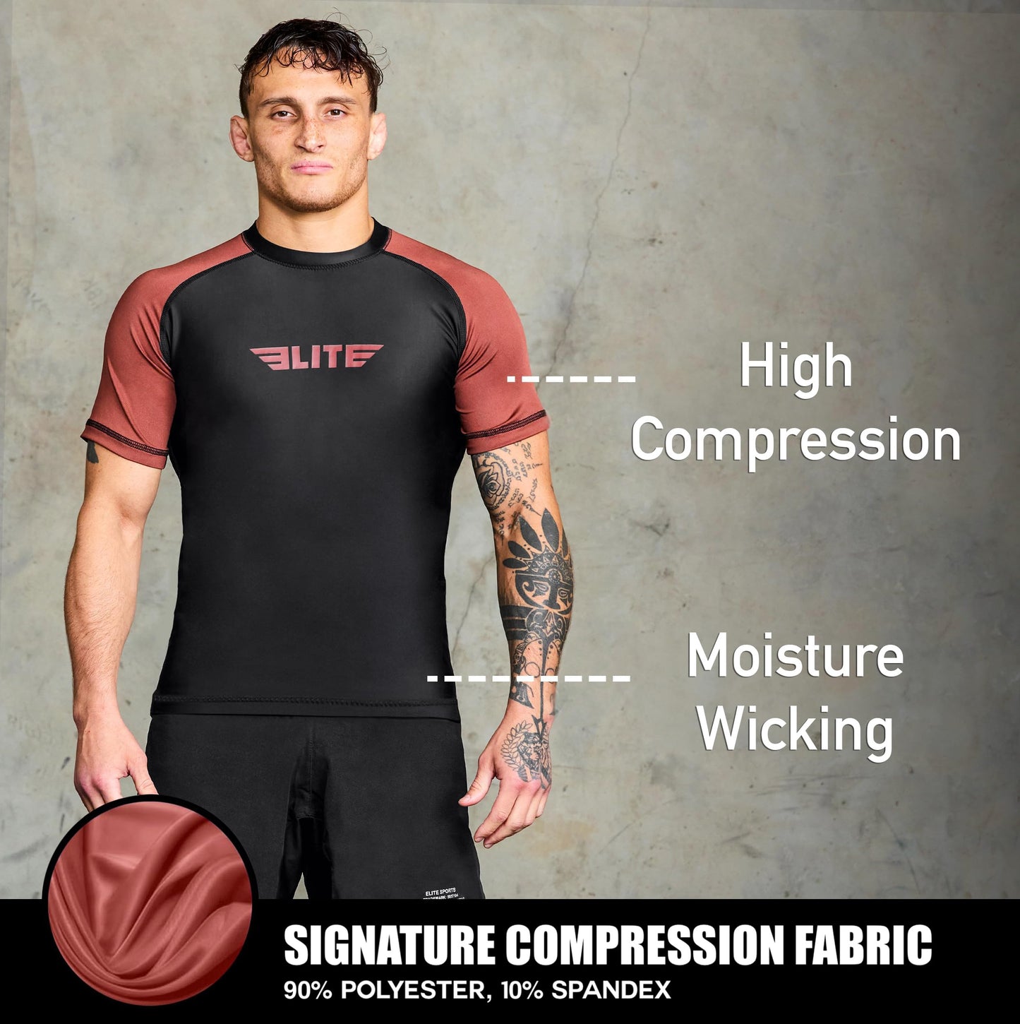 Elite Sports Jiu Jitsu BJJ Rash Guards, Men’s BJJ, No GI, MMA Ranked Short Sleeve Compression Base Layer Rash Guard Brown