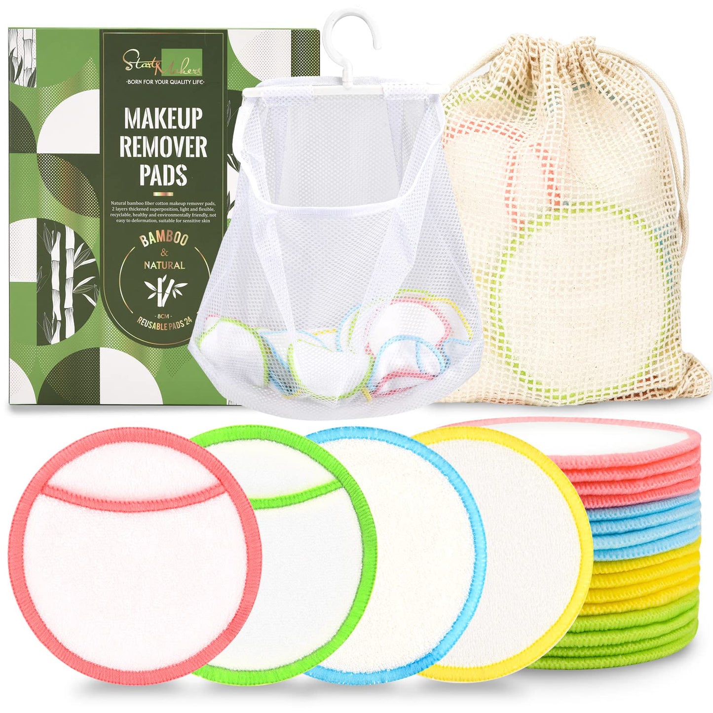 Organic Reusable Makeup Remover Pads, Pluggable & Eco-Friendly Natural Bamboo Cotton Rounds with Laundry Bag and Dry Net Bag, 16Pcs Double-Layer Cloths Bamboo Soft Cotton Rounds for All Skin Types