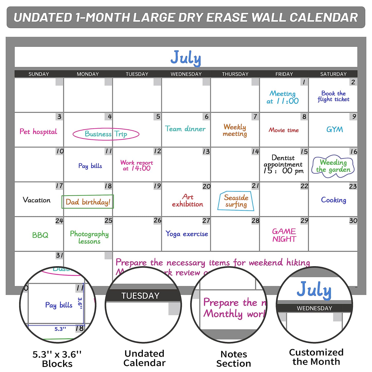 Large Dry Erase Calendar for Wall, Undated 1 Month Wall Calendar, 40" x 28" Erasable & Reusable Laminated Calendar, 10 Round Stickers, Great Layout Wall Calendar Monthly for Home Office School