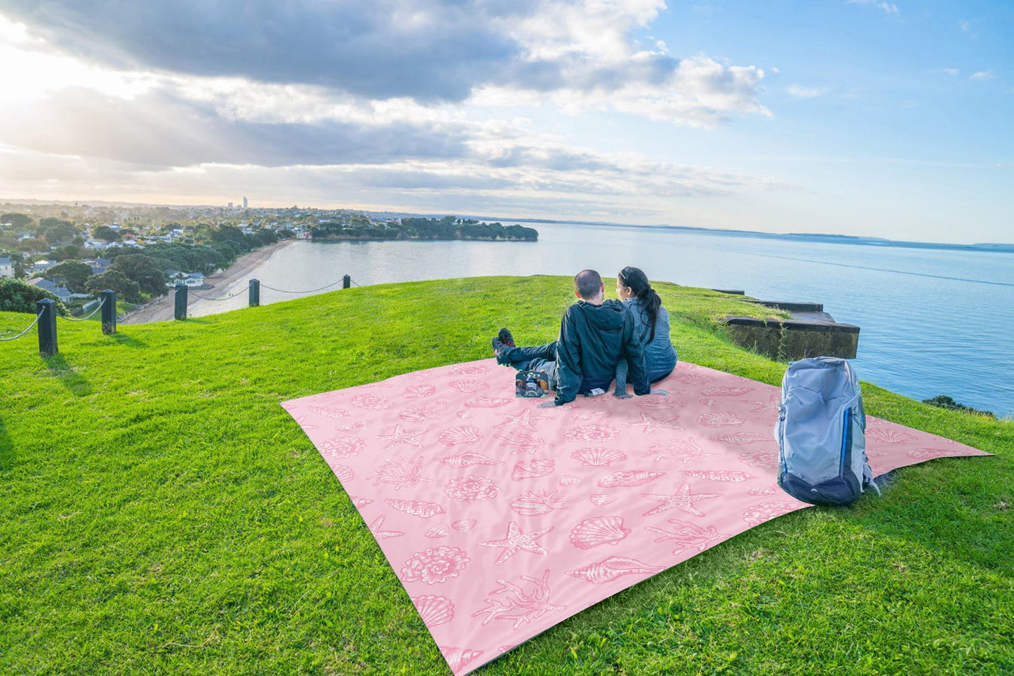 WEKAPO Beach Blanket Waterproof Sandproof Oversized, Extra Large Beach Mat Sand Free, Lightweight & Compact Sand Free Mat with 6 Stakes & 4 Corner Pockets (Pink Sea Shells, 11 x 9 FT (1~9 Person))