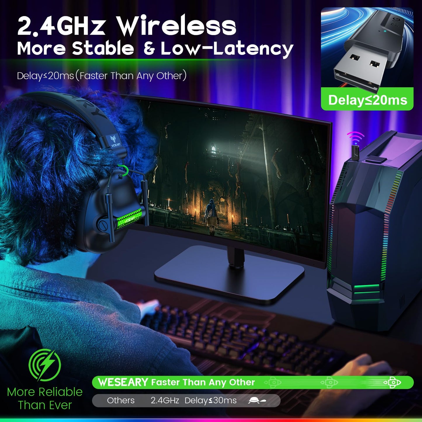 WESEARY WG2 Wireless Gaming Headsets with Microphone for PS5, PS4, PC, Switch, Mac, Crystal Stereo Bluetooth Headphones, Wireless Headset 2.4GHz with Lossless Audio, 50 Hr Battery, Cool LED