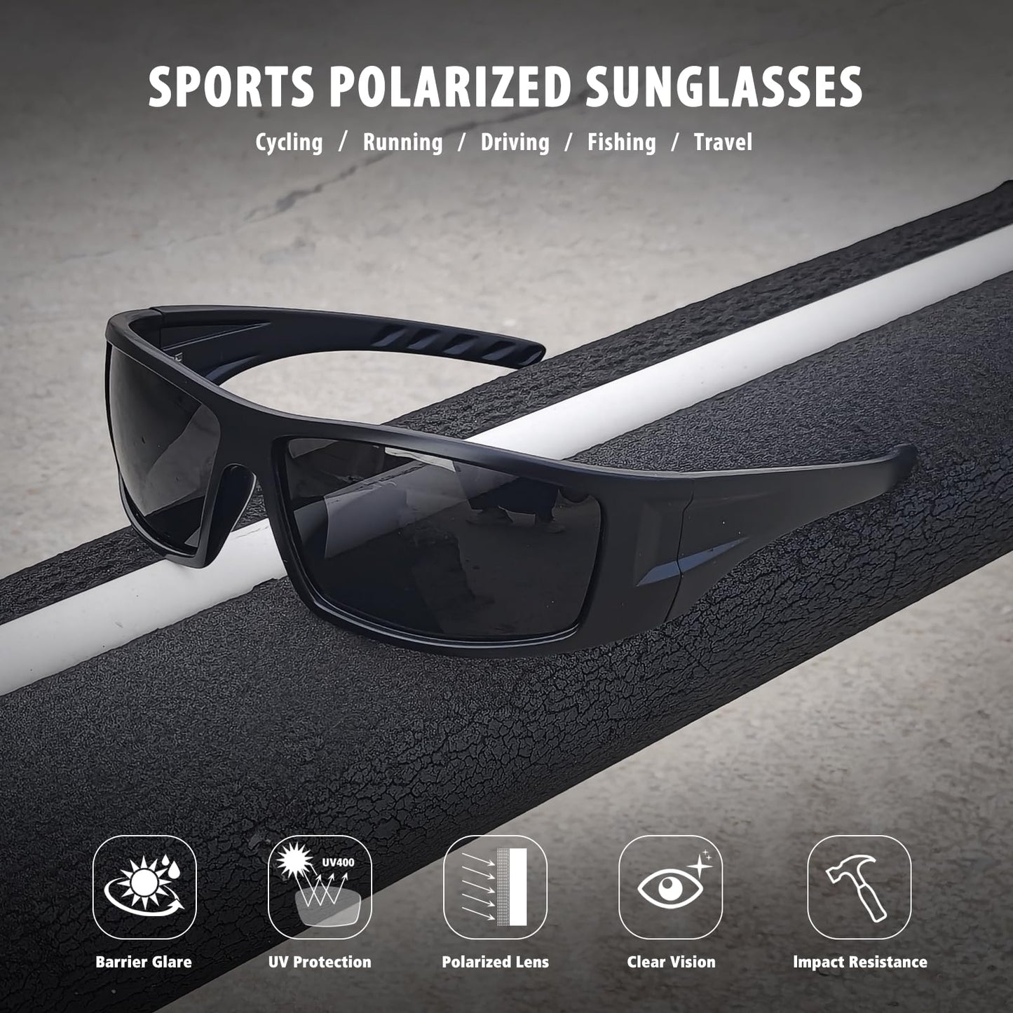 Ofwin Polarized Sports Sunglasses for Men Women Unbreakable Frame Cycling Fishing Wrap Around Sunglasses UV400 Protection Black Frame/Gray Lens