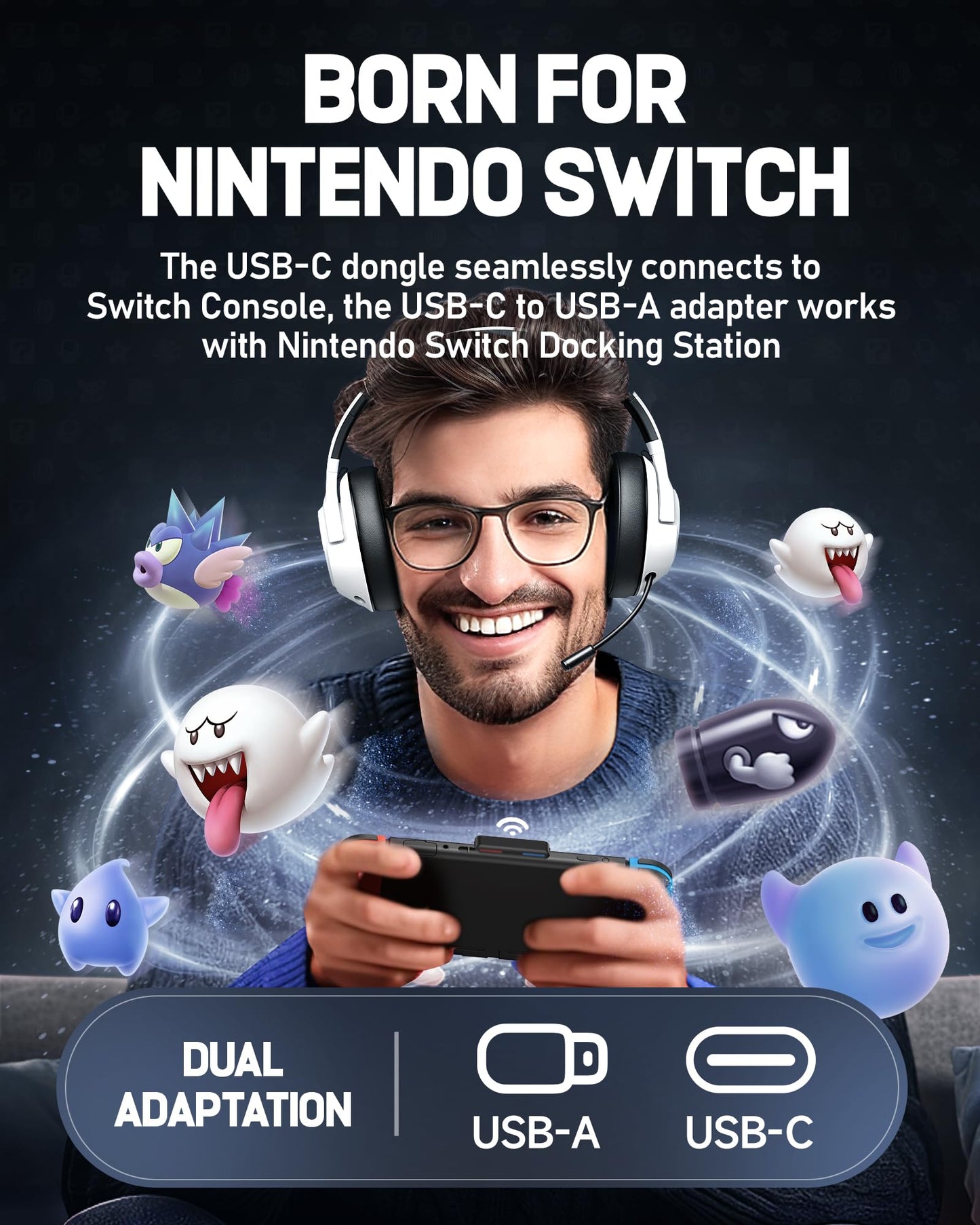 Wireless Gaming Headset for Nintendo Switch丨OLED丨Lite,2.4Ghz USB & Type-C, Bluetooth 5.4 Gaming Headphones with Noise Cancelling Microphone, 40Hr Battery, for PS5, PS4, PC, Mac (White and Black )
