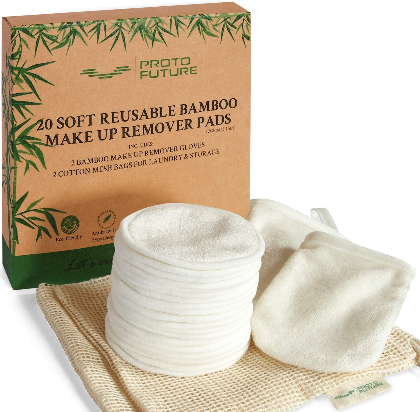 Proto Future Reusable Makeup Remover Pads – 20 Organic Bamboo Pads with 2 Gloves and 2 Cotton Mesh Bags. Washable, Ecofriendly and Zero Waste… (Individual)