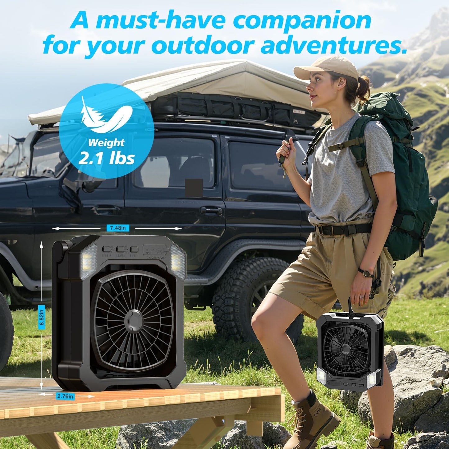 Camping Fan Solar Powered, Portable Solar Fan 10000mAh USB Rechargeable Battery Operated with Light, Quiet Outdoor Fans for Tent, RV, Emergency, Hiking, Power Outage, Desk, Greenhouse, Survival Kit
