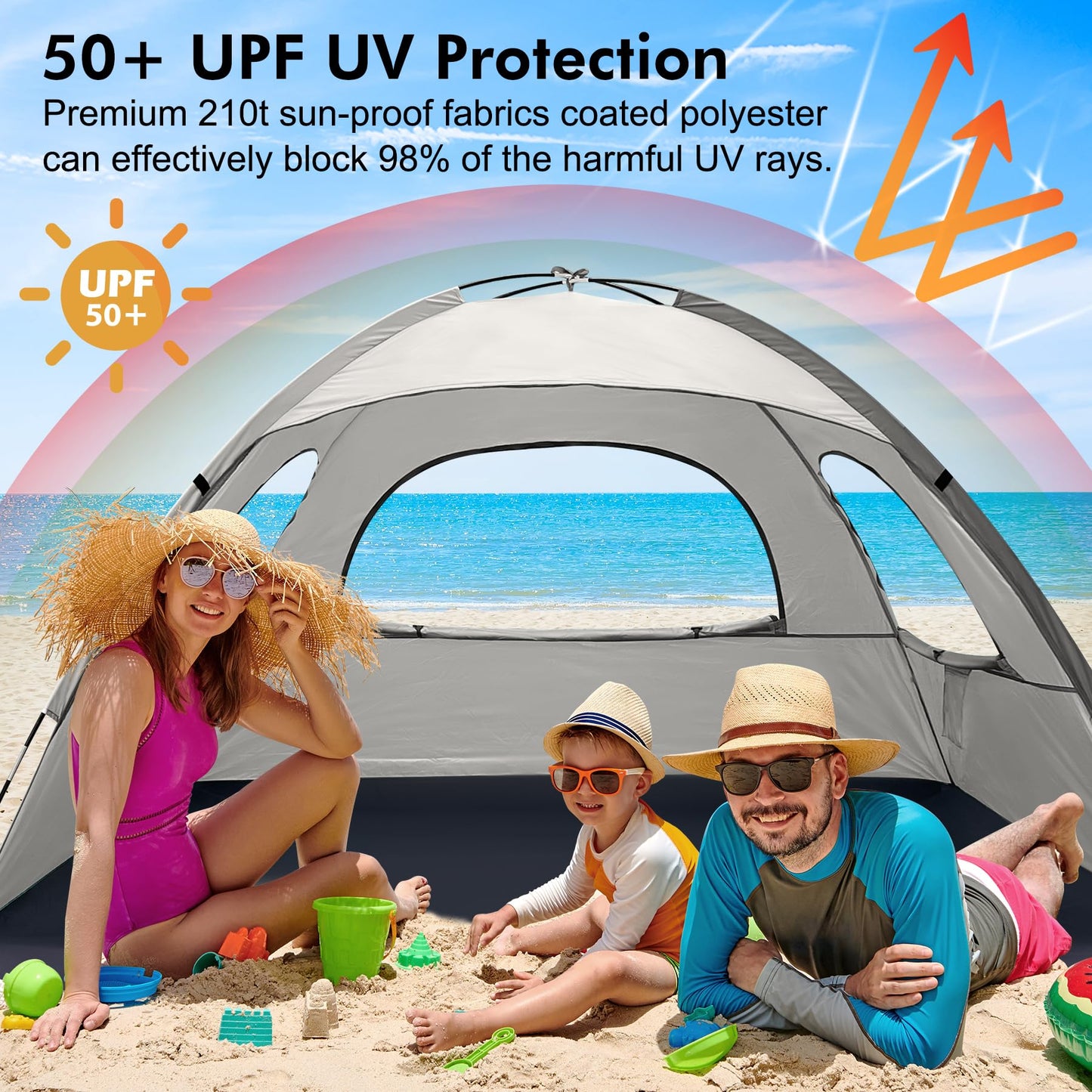 WhiteFang Beach Tent Anti-UV Portable Sun Shade Shelter for 3 Person, Extendable Floor with 3 Ventilating Mesh Windows Plus Carrying Bag, Stakes and Guy Lines (Baby's Breath)