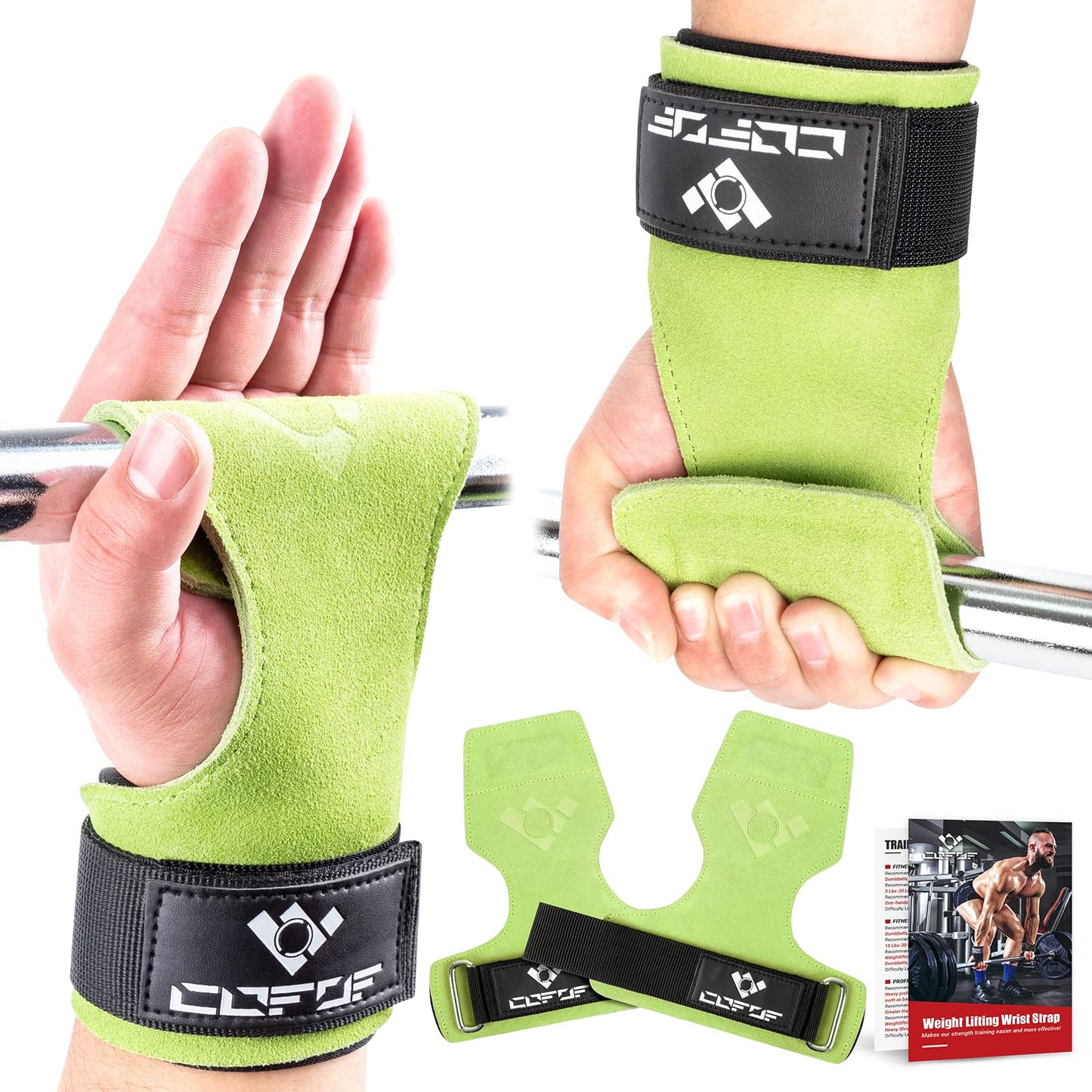 COFOF Weight Lifting Wrist Strap,Double Layer Leather Weightlifting Wrist Strap for Deadlift and Powerlifting, Adjustable Neoprene Padded Gym Workout Lifting Wrist Hooks for Men/Women(Pair)