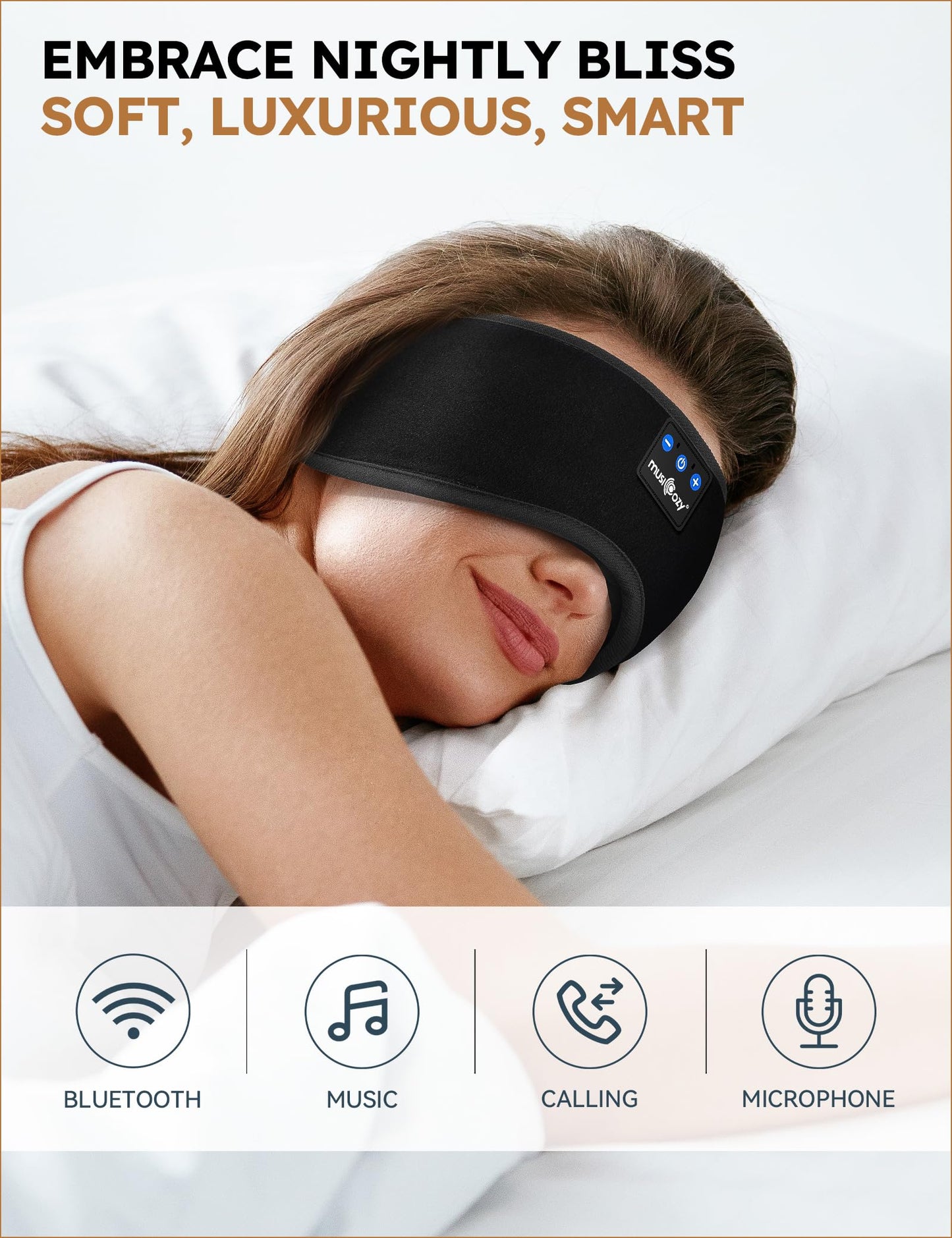 MUSICOZY Sleep Headphones Bluetooth 5.4 Headband Sleeping Eye Mask for Mom Women Men Wireless Music Earbuds Earphones for Side Sleepers Built-in HD Speakers Cool Gadgets Unique Gifts