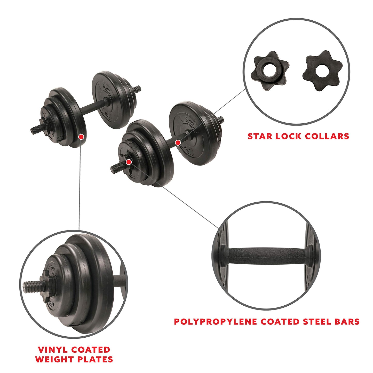 Sunny Health & Fitness Exercise Vinyl 40 Lb Dumbbell Set Hand Weights for Strength Training, Weight Loss, Workout Bench, Gym Equipment, and Home Workouts