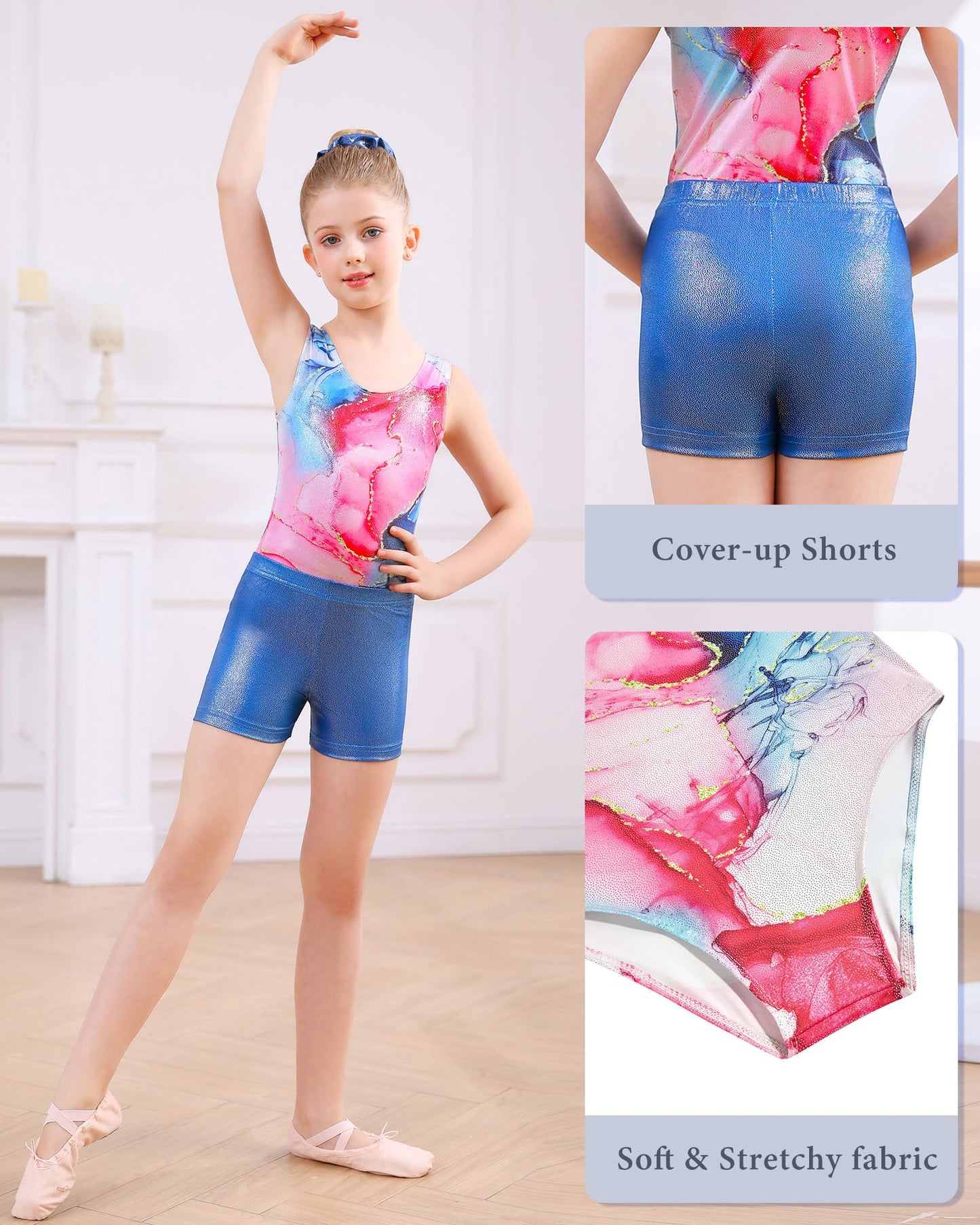 3 Piece Leotard for Little Girls Gymnastics with Purple Boy Shorts for 4t 5t Kid Girls' Sparkle Diamond Black 3D Print Butter-fly Athletic Outfits with Hair Scrunchie for Girl Sporting.Size 4 5