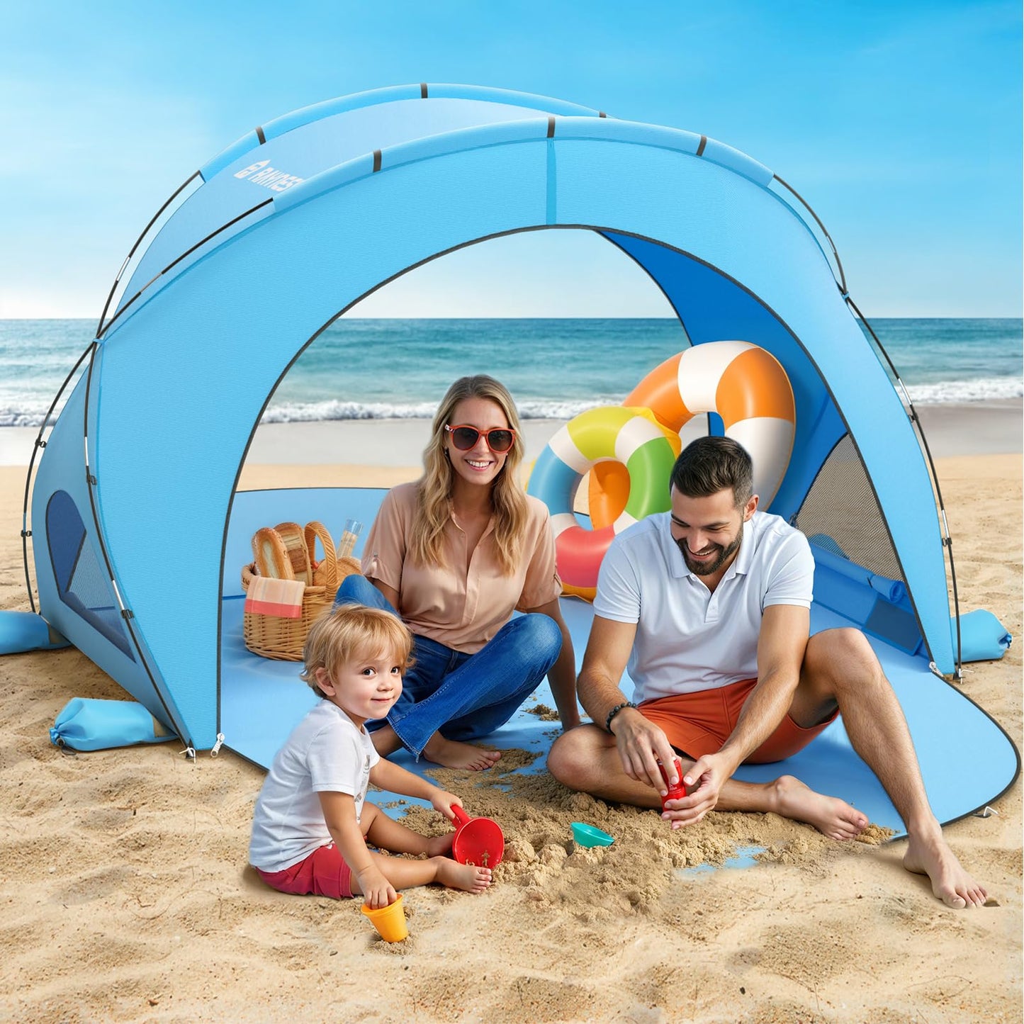 Raynesys Beach Tent Sun Shelter, Beach Shade Tent with UPF50+ UV Protection, Portable Sun Shelter for 1-3 Person, Sun Shade Tent with 2 Zippered Doors, Cool Cabana for Sand Camping Fishing, Blue