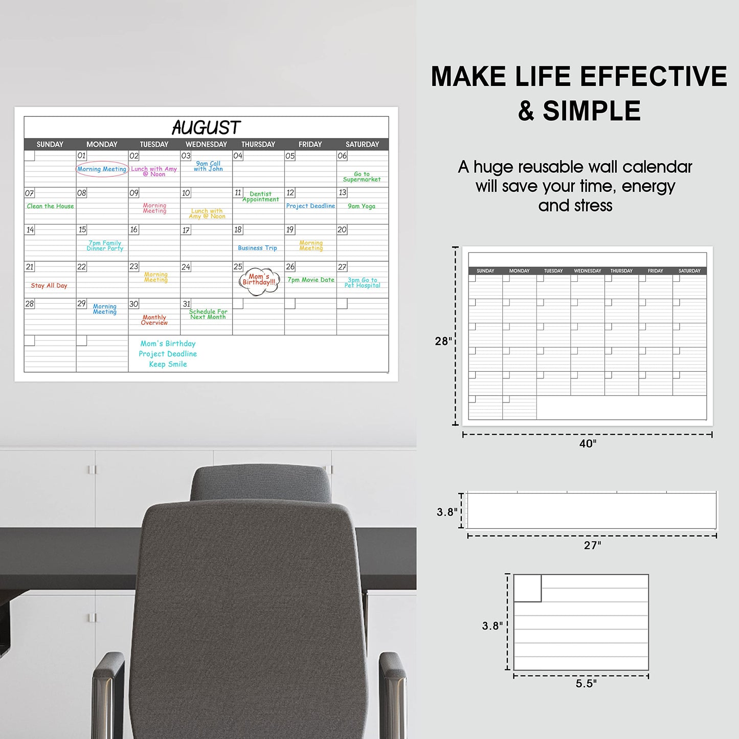 Large Dry Erase Calendar for Wall - Undated 1 Month Big Wall Calendar, 40" x 30", Erasable & Reusable Laminated Calendar Max with 8 Round Stickers, Great Layout Wall Calendar Dry Erase for Home, Office and School