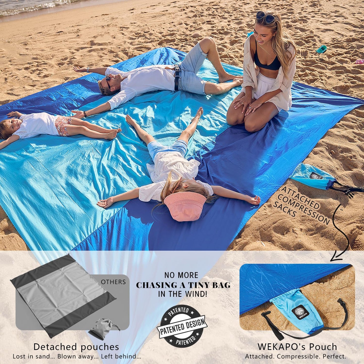 Wekapo Beach Blanket Sandproof, Extra Large Oversized 10'X 9' for 2-8 Adults, Big & Compact Sand Free Mat Quick Drying, Lightweight & Durable with 6 Stakes & 4 Corner Pockets