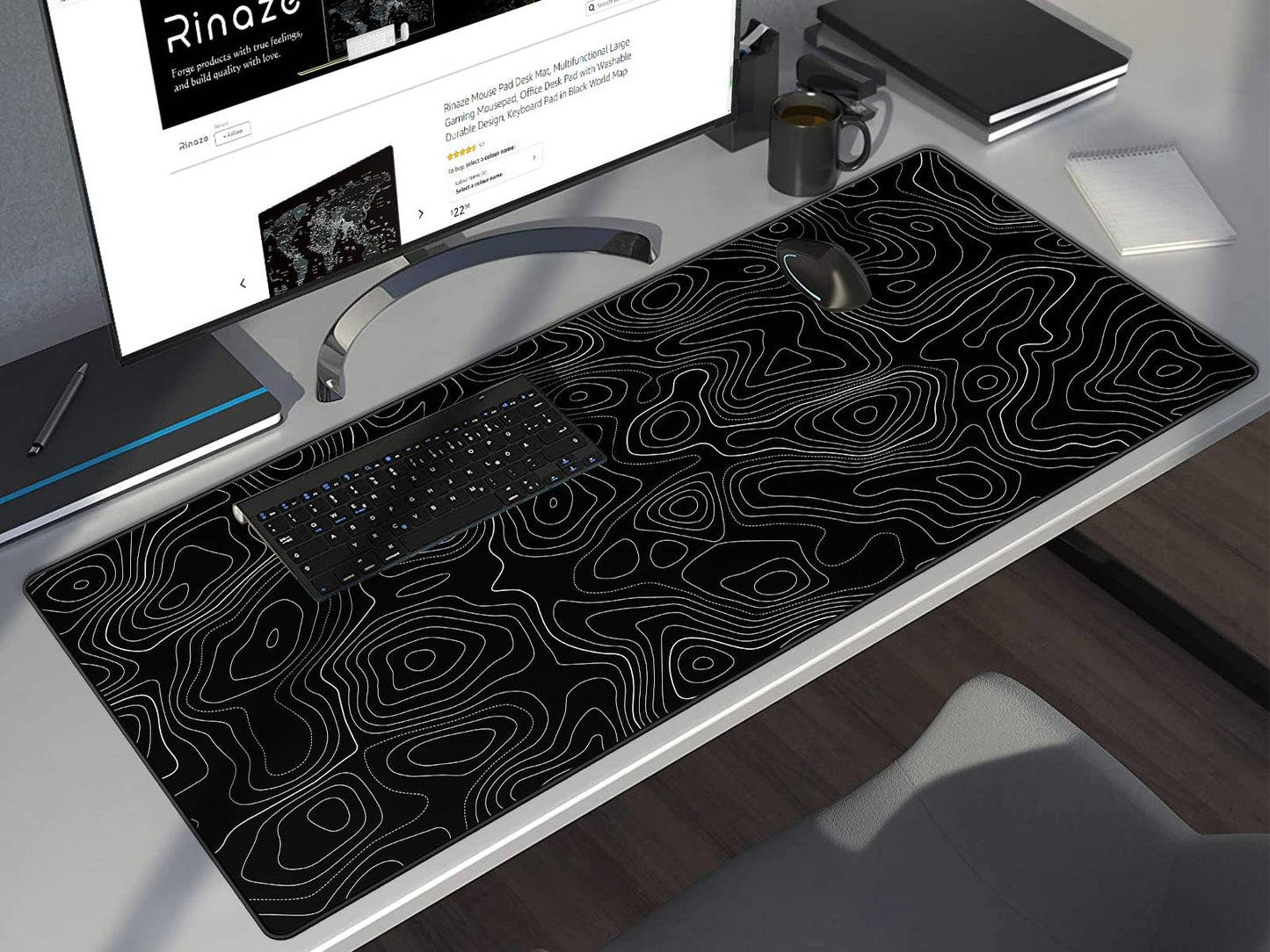 Rinaze Extra Large Gaming Mouse Pad with Black Topographic, XXL Mousepad, Big Mouse Mat Desk Pad, Non Slip Keyboard Pad for Gaming Computer Laptop PC Office Desk Accessories