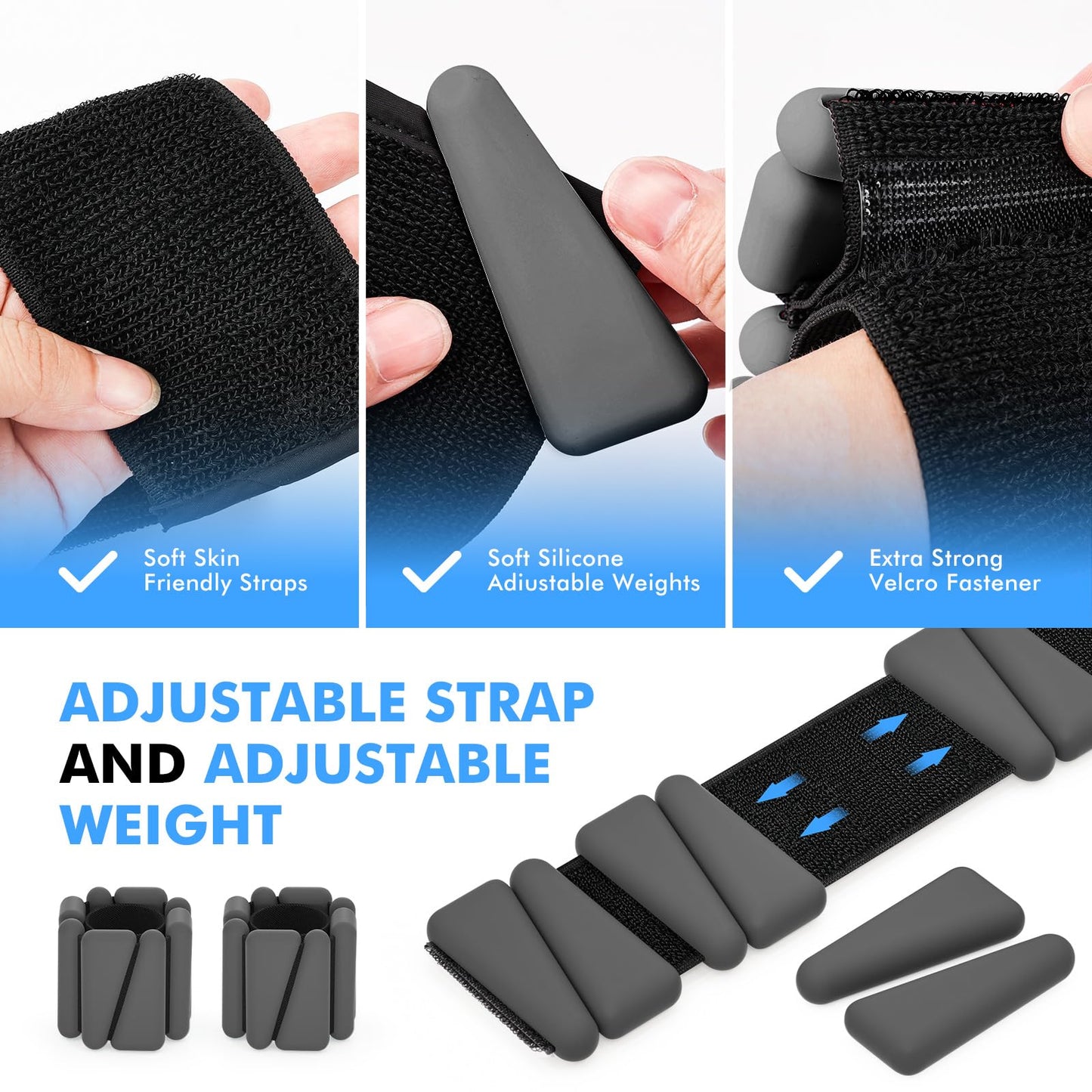 Wrist Weights, Ankle Weights for Women Men, Adjustable Wrist Weighted Bracelet for Home Gym Workout, Running, Yoga, Exercise, Strength Training, Set of 2 (1LB Each)-Grey