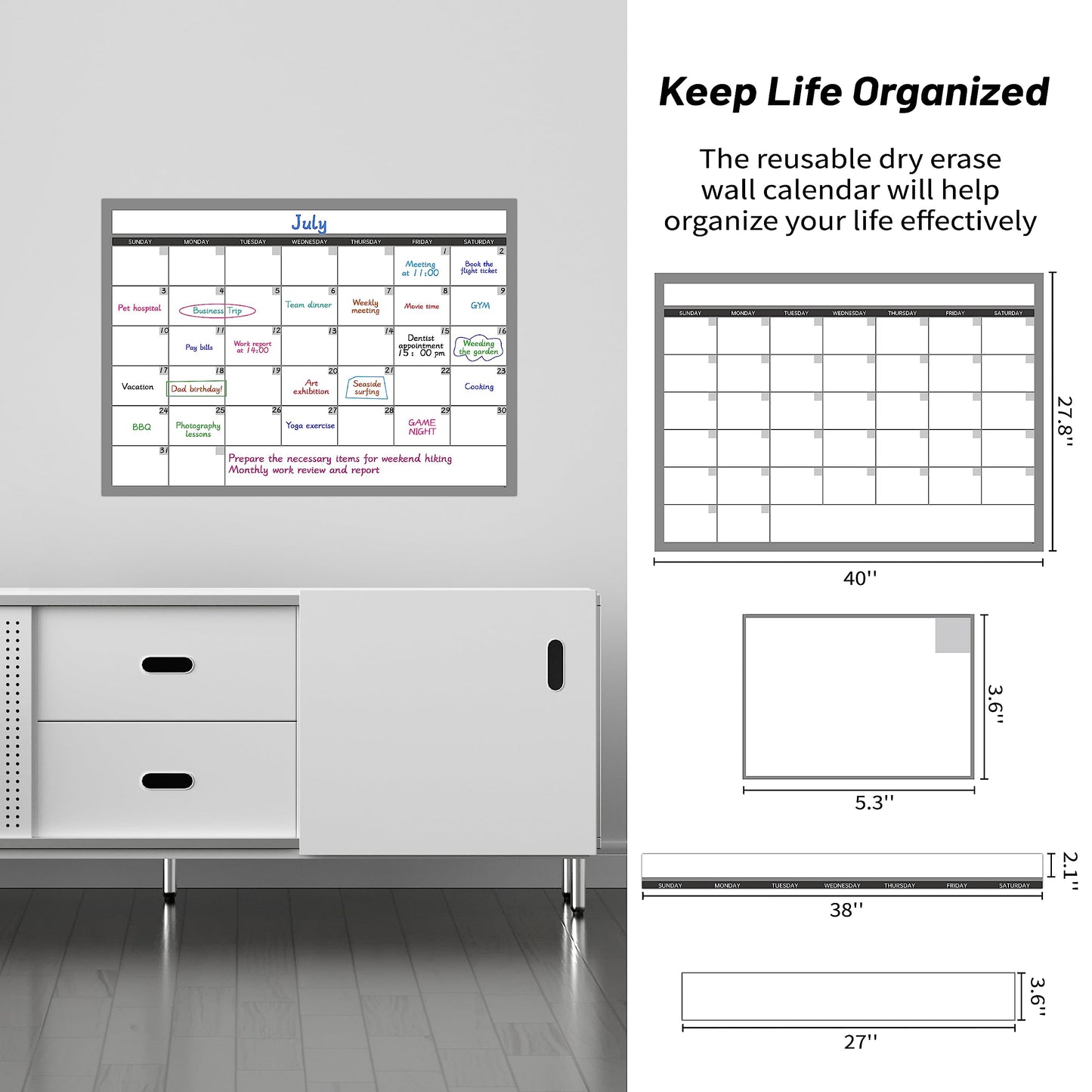 Large Dry Erase Calendar for Wall, Undated 1 Month Wall Calendar, 40" x 28" Erasable & Reusable Laminated Calendar, 10 Round Stickers, Great Layout Wall Calendar Monthly for Home Office School
