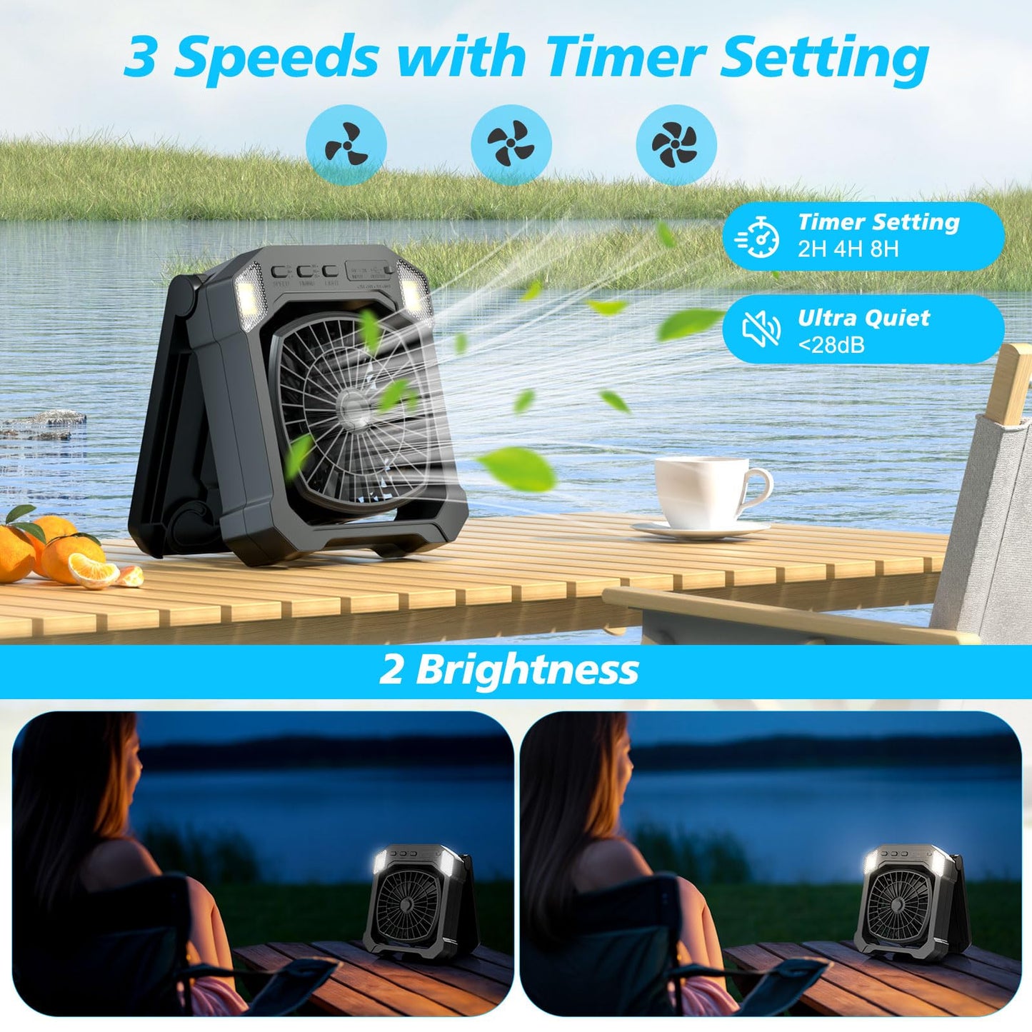 Camping Fan Solar Powered, Portable Solar Fan 10000mAh USB Rechargeable Battery Operated with Light, Quiet Outdoor Fans for Tent, RV, Emergency, Hiking, Power Outage, Desk, Greenhouse, Survival Kit