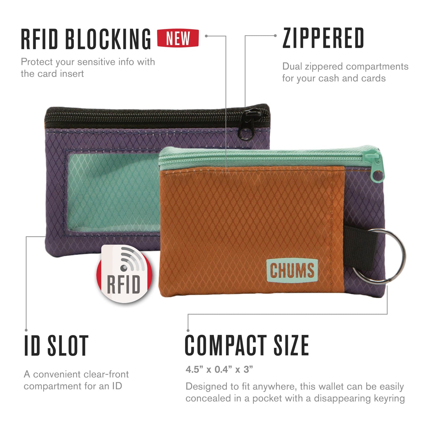 Chums Surfshorts Wallet - Lightweight Slim Wallet with RFID Blocking Card & Clear ID Window - Zippered, Minimalist Wallet w/Key Ring (Brown Trout)