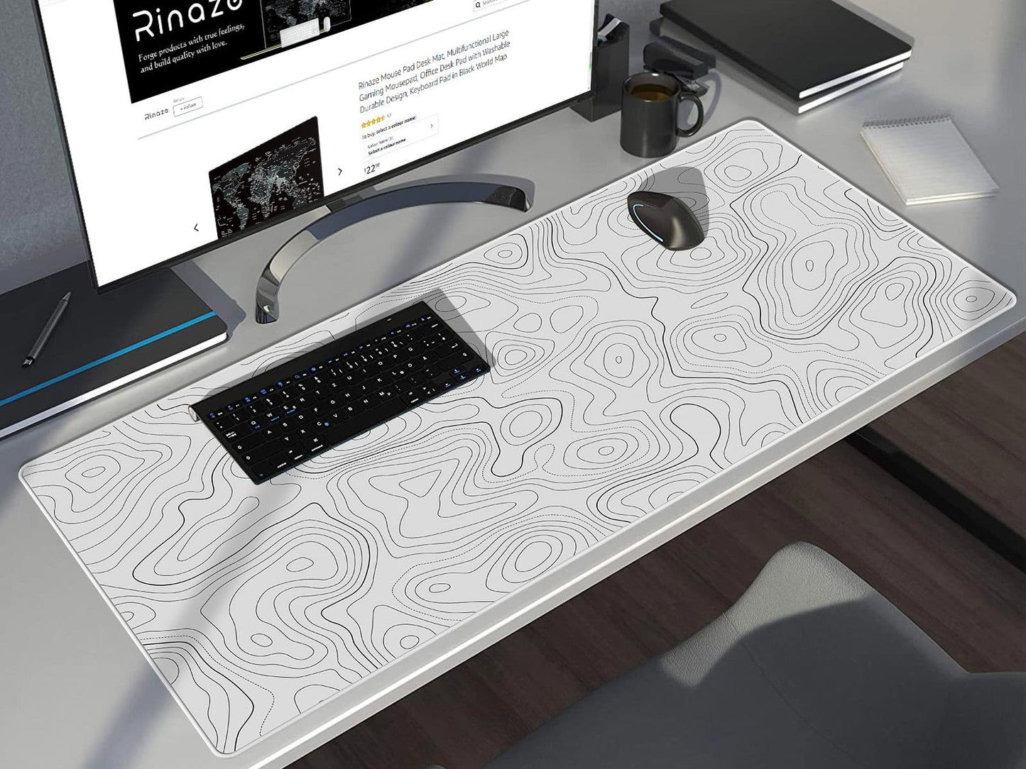Rinaze Extra Large Gaming Mouse Pad with White Topographic, XXL Mousepad, Big Mouse Mat Desk Pad, Non Slip Keyboard Pad for Gaming Computer Laptop PC Office Desk Accessories